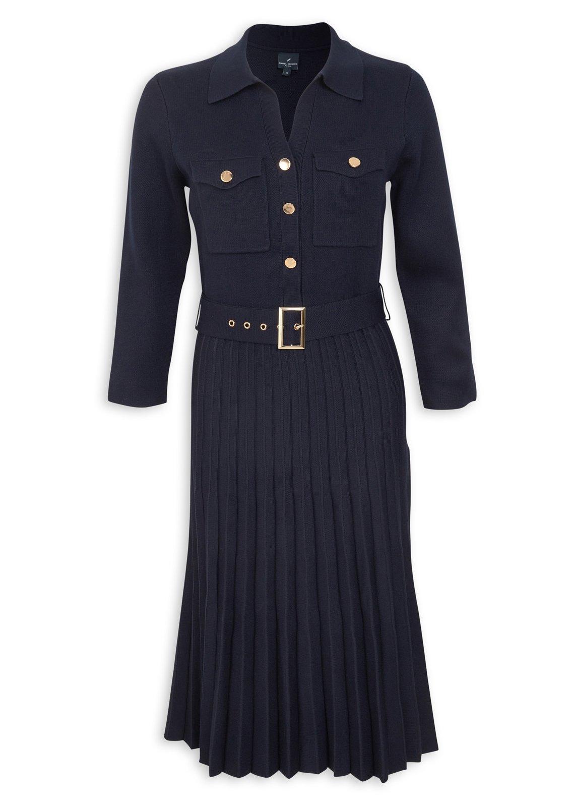 Navy Belted Pleated Knit Midi Dress (3241581) | Daniel Hechter