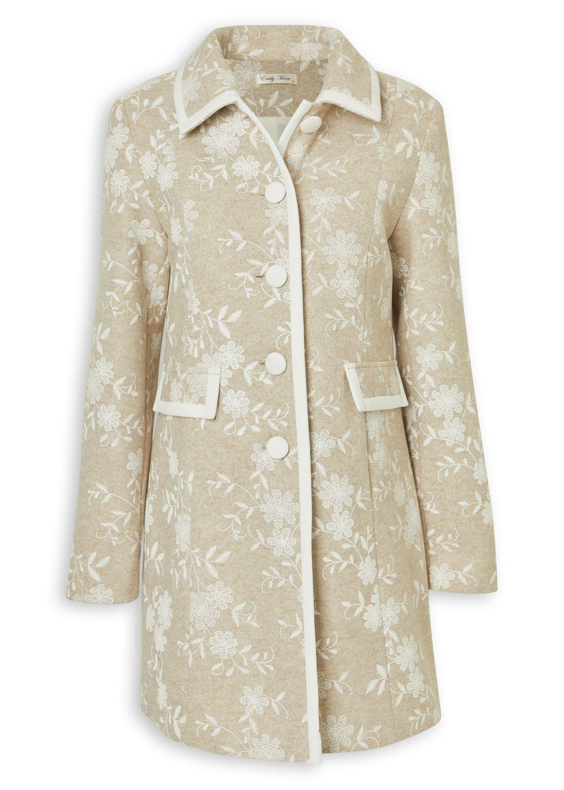 Beige Floral Melton Coat (3242920) | Emily Moon