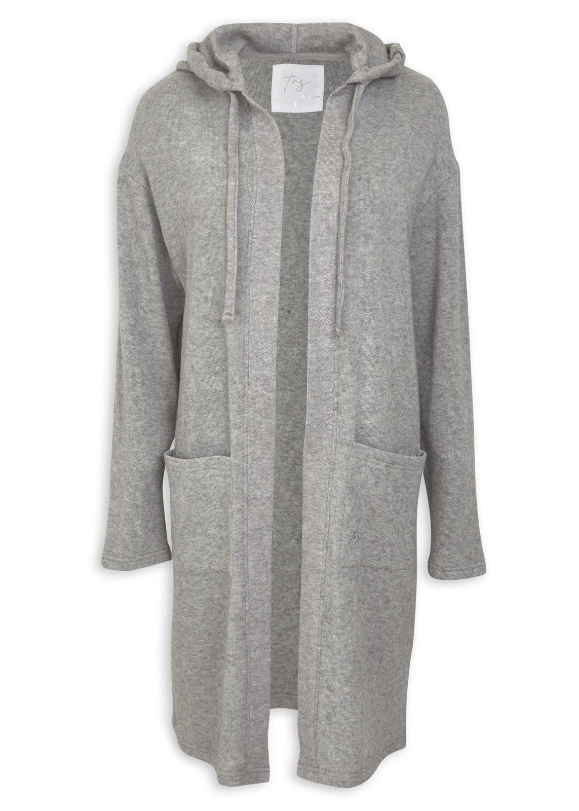 Grey Hooded Open-Front Knit Cardigan (3243719) | TRS