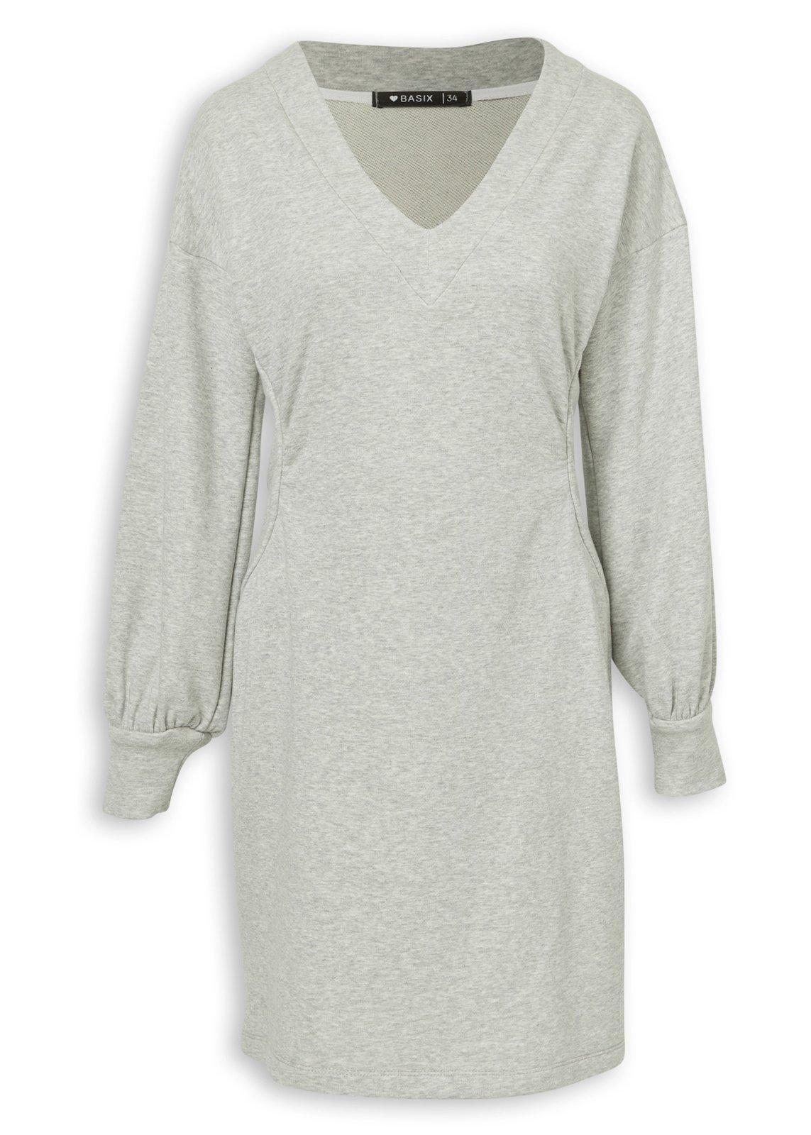 Leather Trimmed Wool Jumper Dress グレー Grey V-Neck Long Sleeve Mini Dress (3256199) | Basix