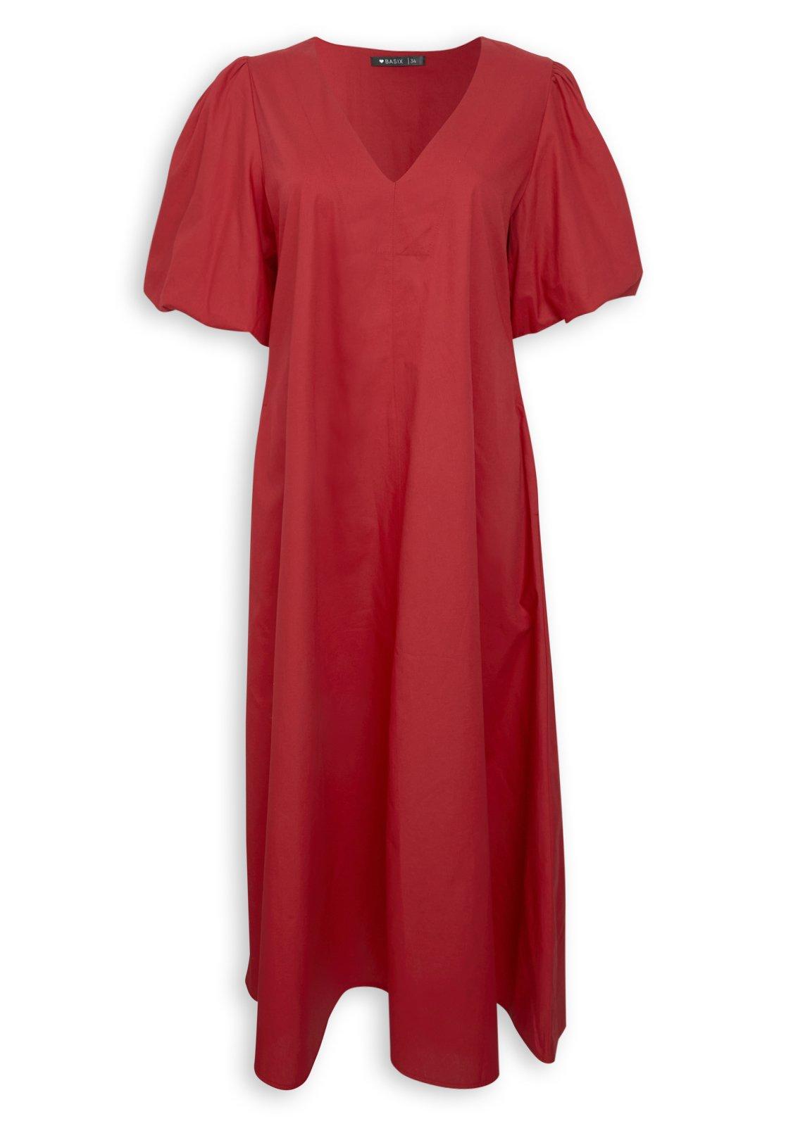 Red Puff-Sleeve Midi Dress