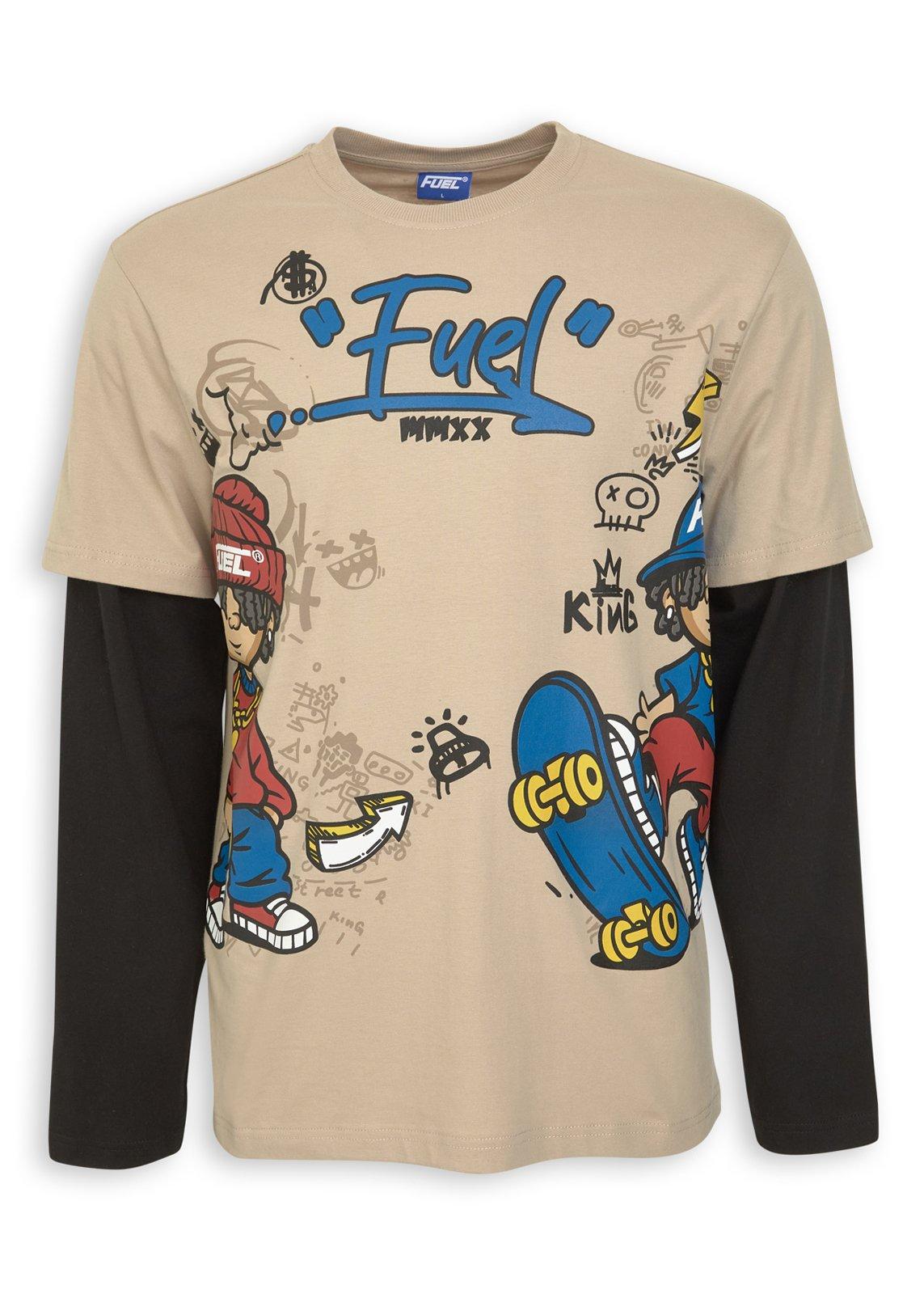 Beige Graphic Long Sleeve Twofer T-shirt (3259474) | Fuel