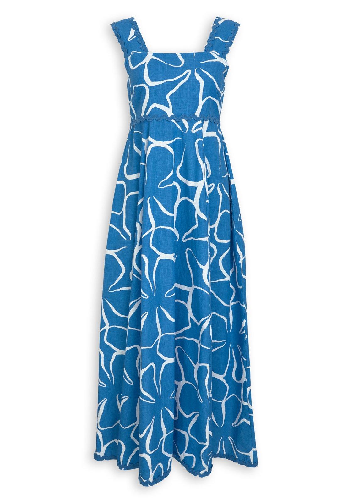 Blue Printed Smocked Maxi Dress