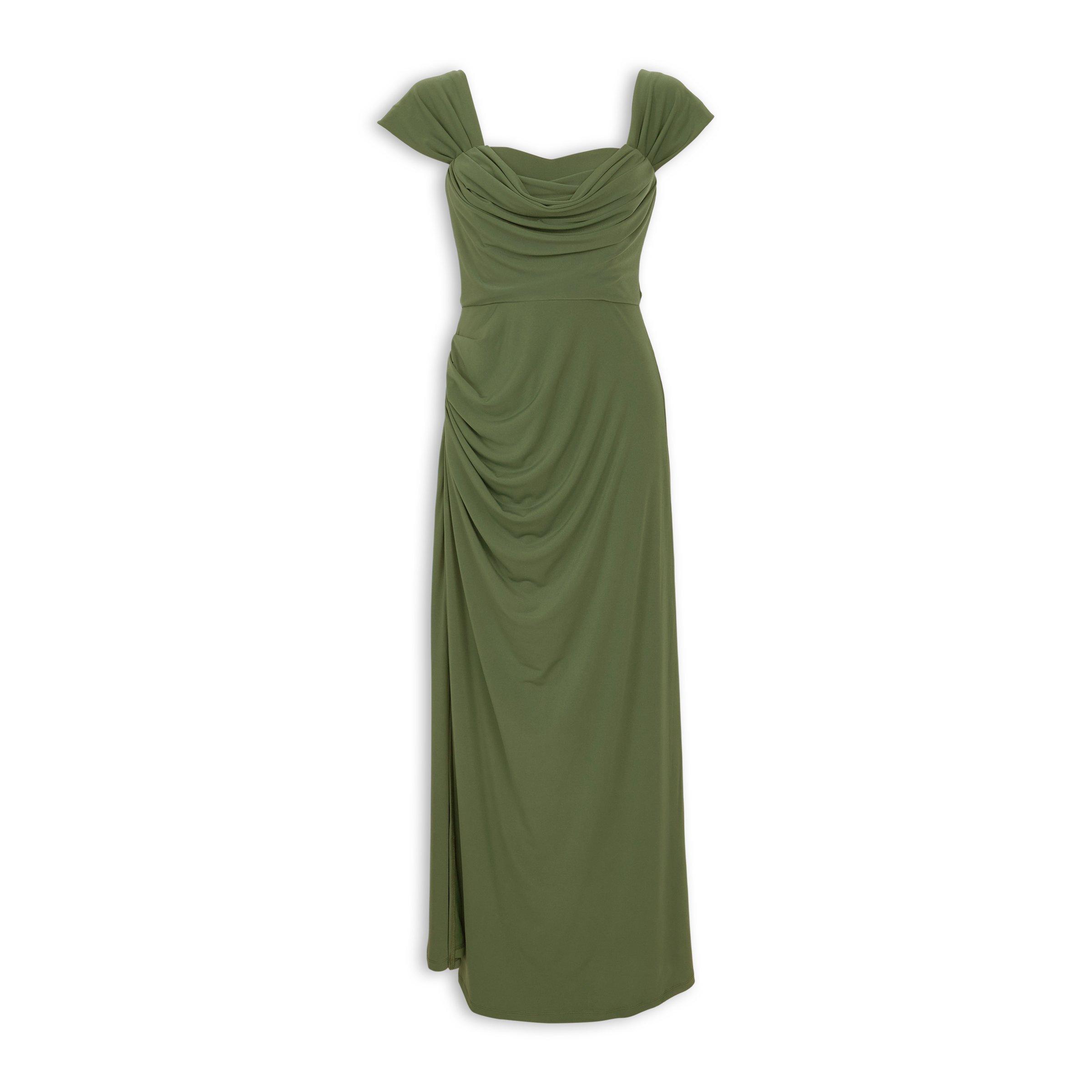 olive green bardot dress Olive-colored Bardot-style backless dress