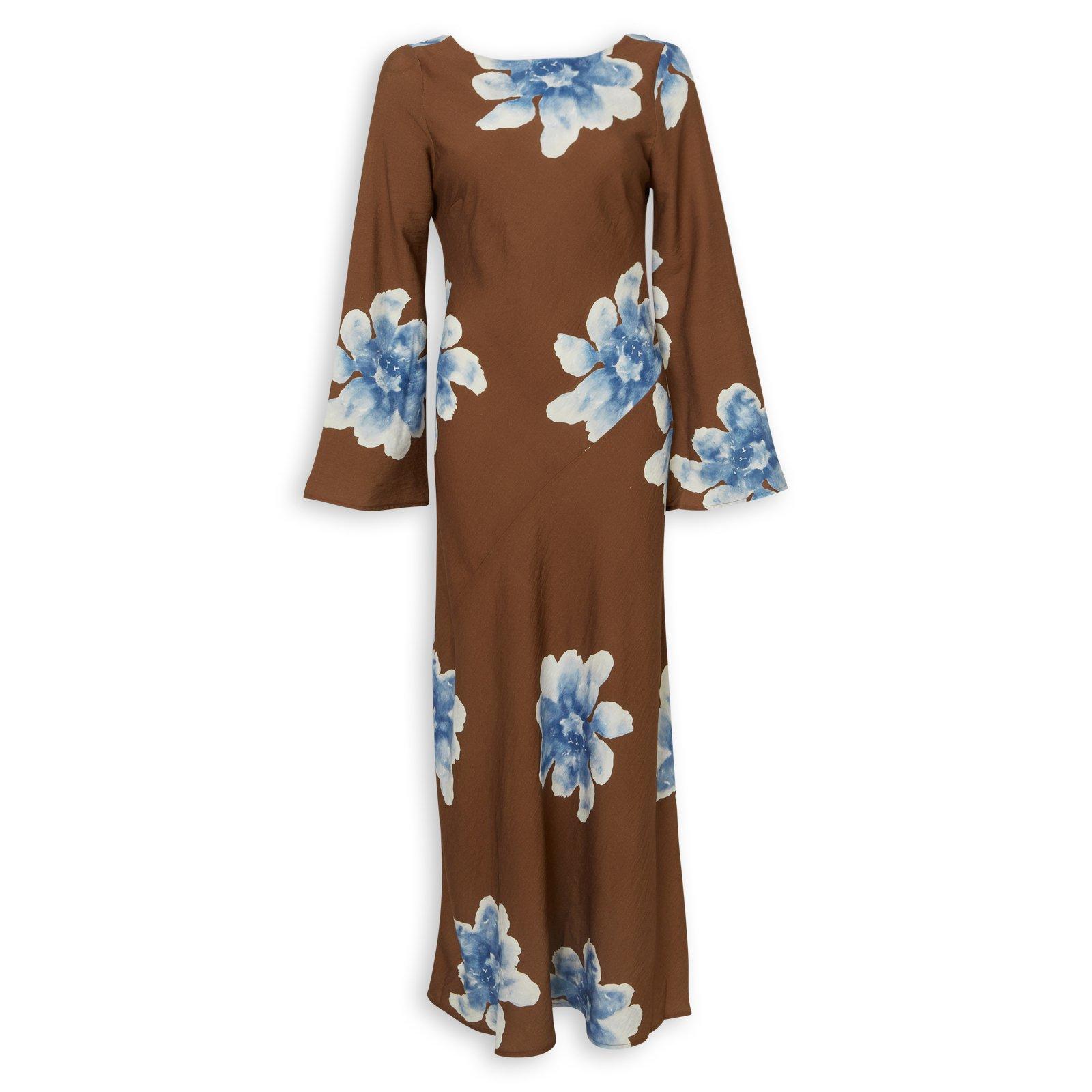 blue and brown floral dress Luminous Brown Blue Floral Fluted Sleeve