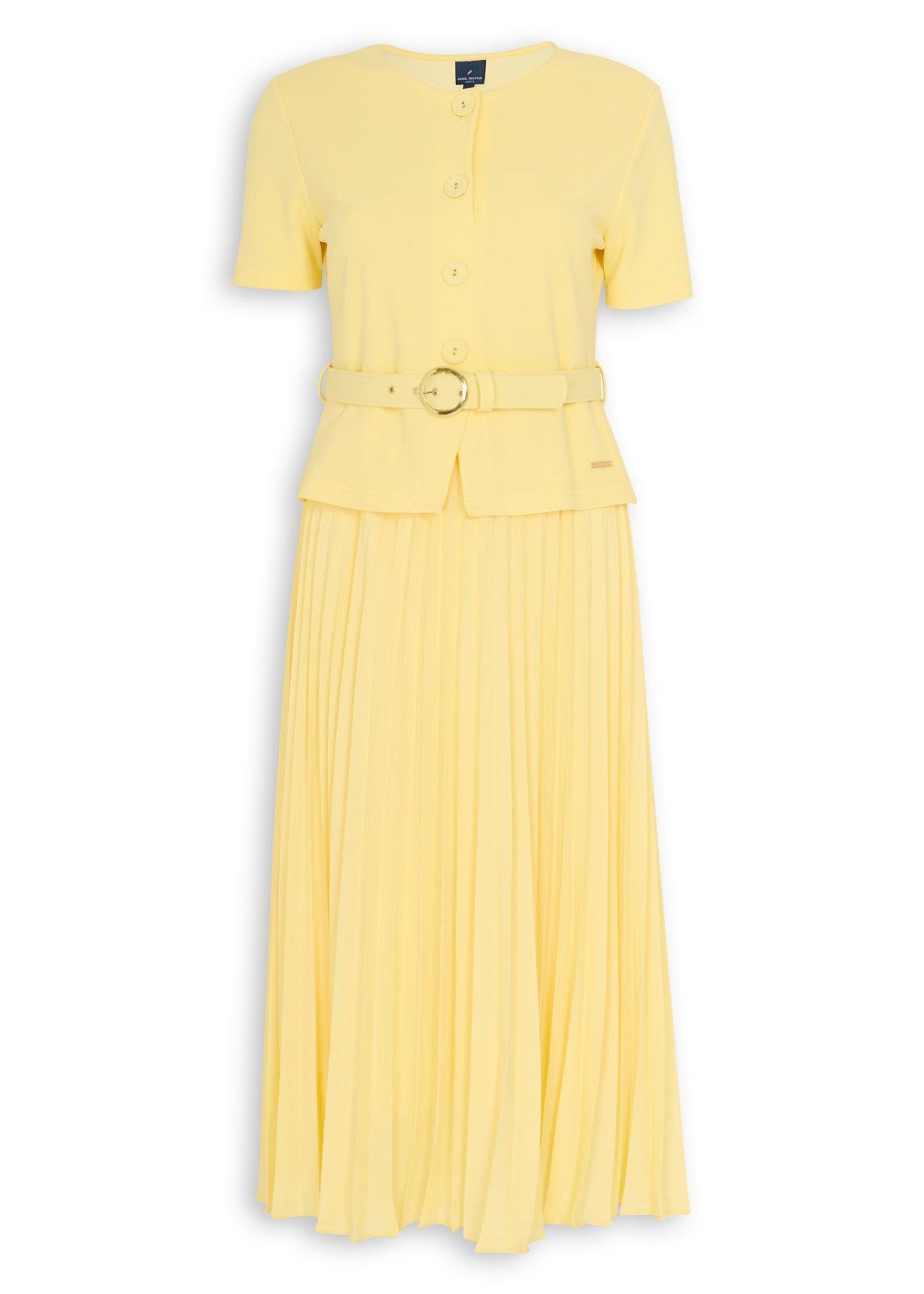 Butter Yellow Belted Pleated Dress