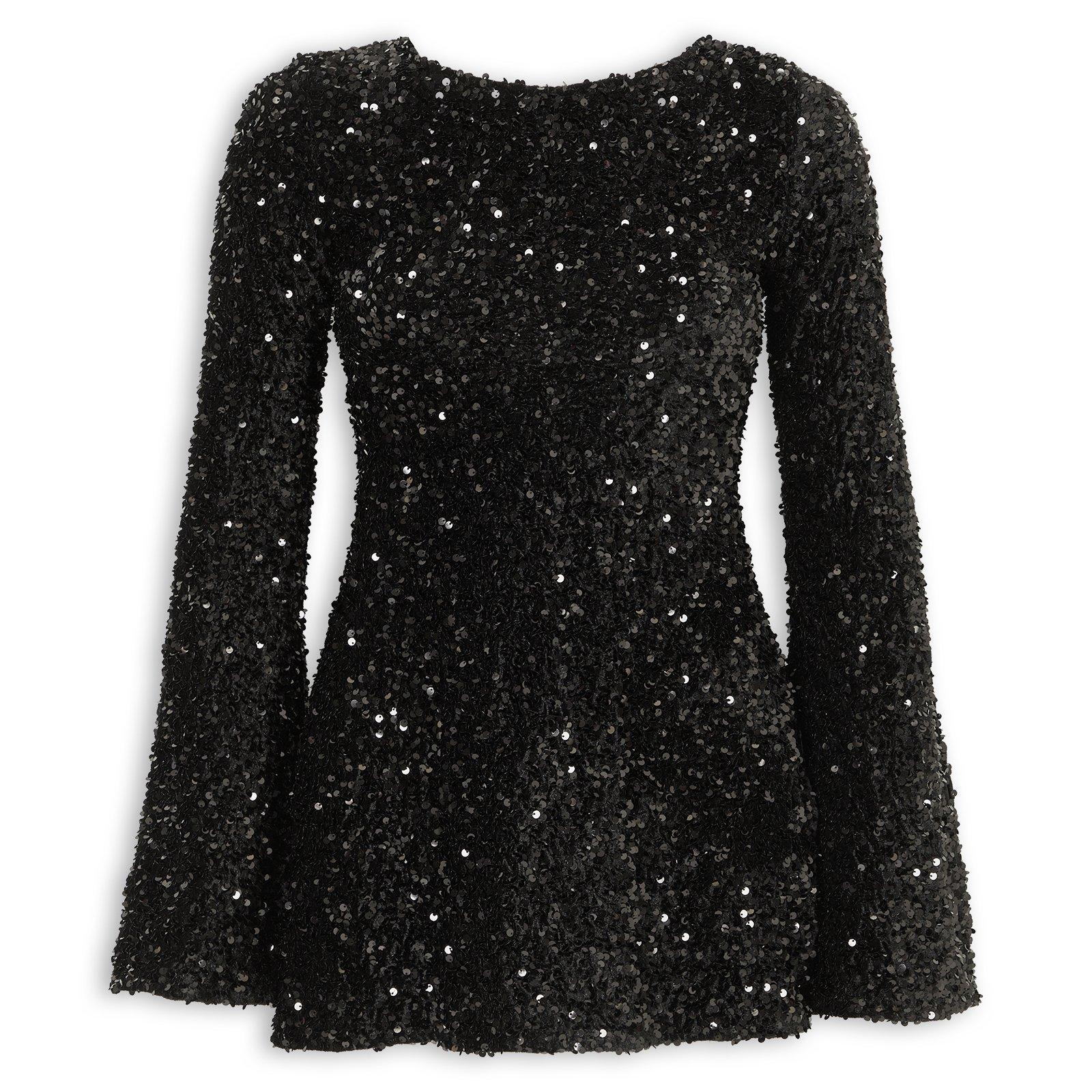 black velvet dress with sequins Bell Sleeve (3269591) Sizes:UK 10 offering a touch of poolparty Black MINI DRESS WITH