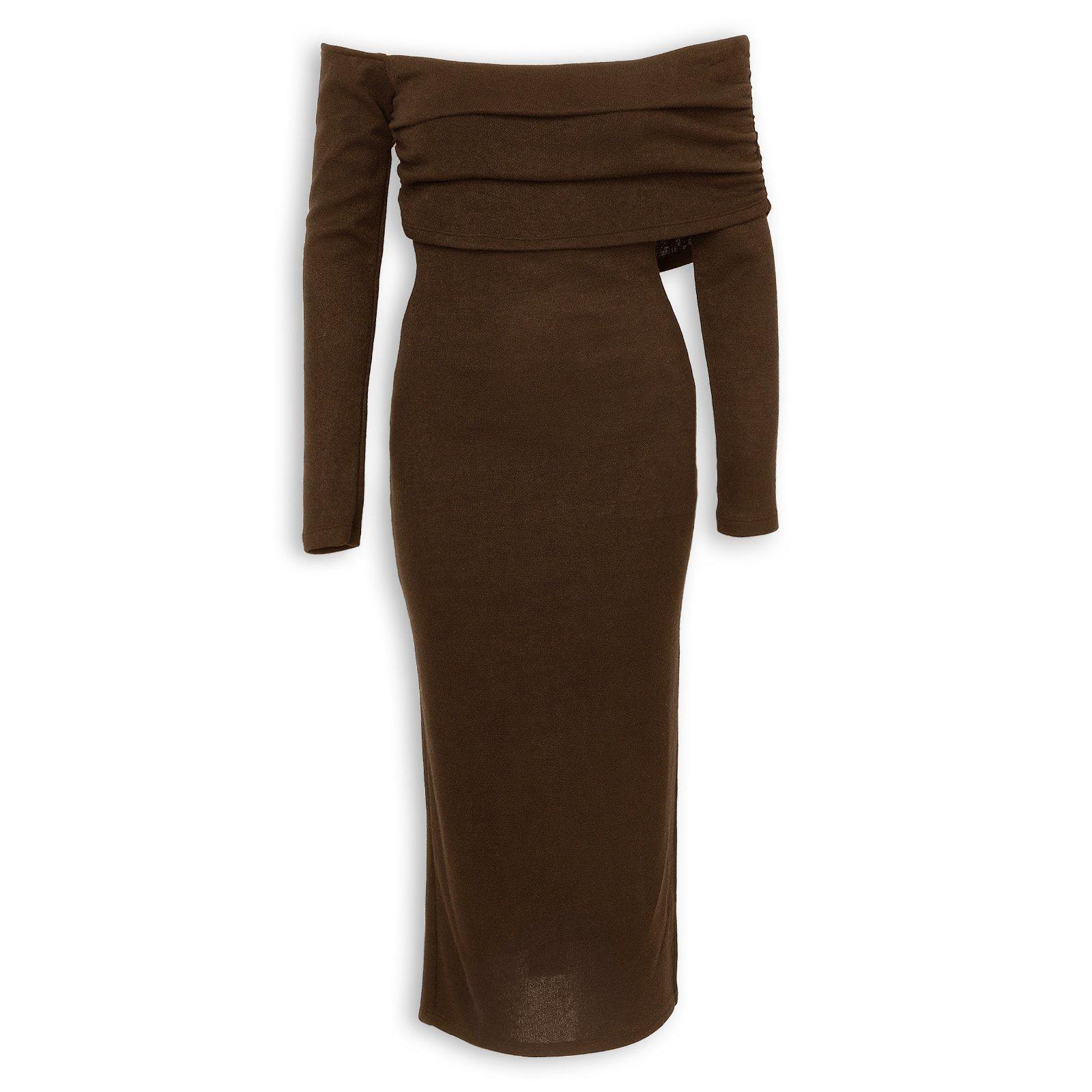 【Riu】Tiered off shoulder knit dress Rちゃん Chocolate Brown Off Shoulder Knit Dress (3269756) | Miss Friday