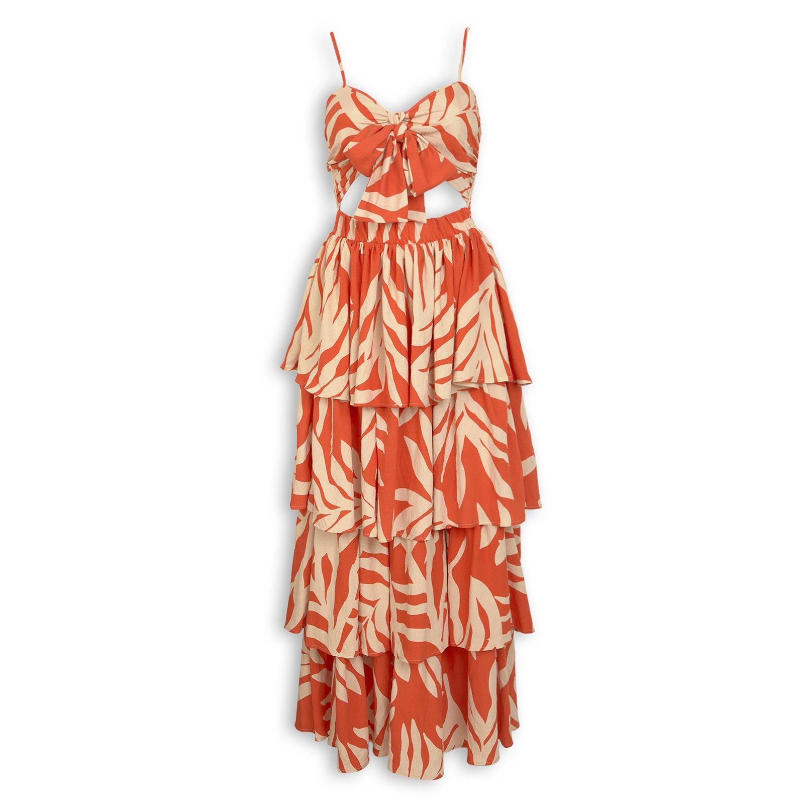 Orange & Ecru Printed Frill Maxi Dress (3270885) | Miss Port