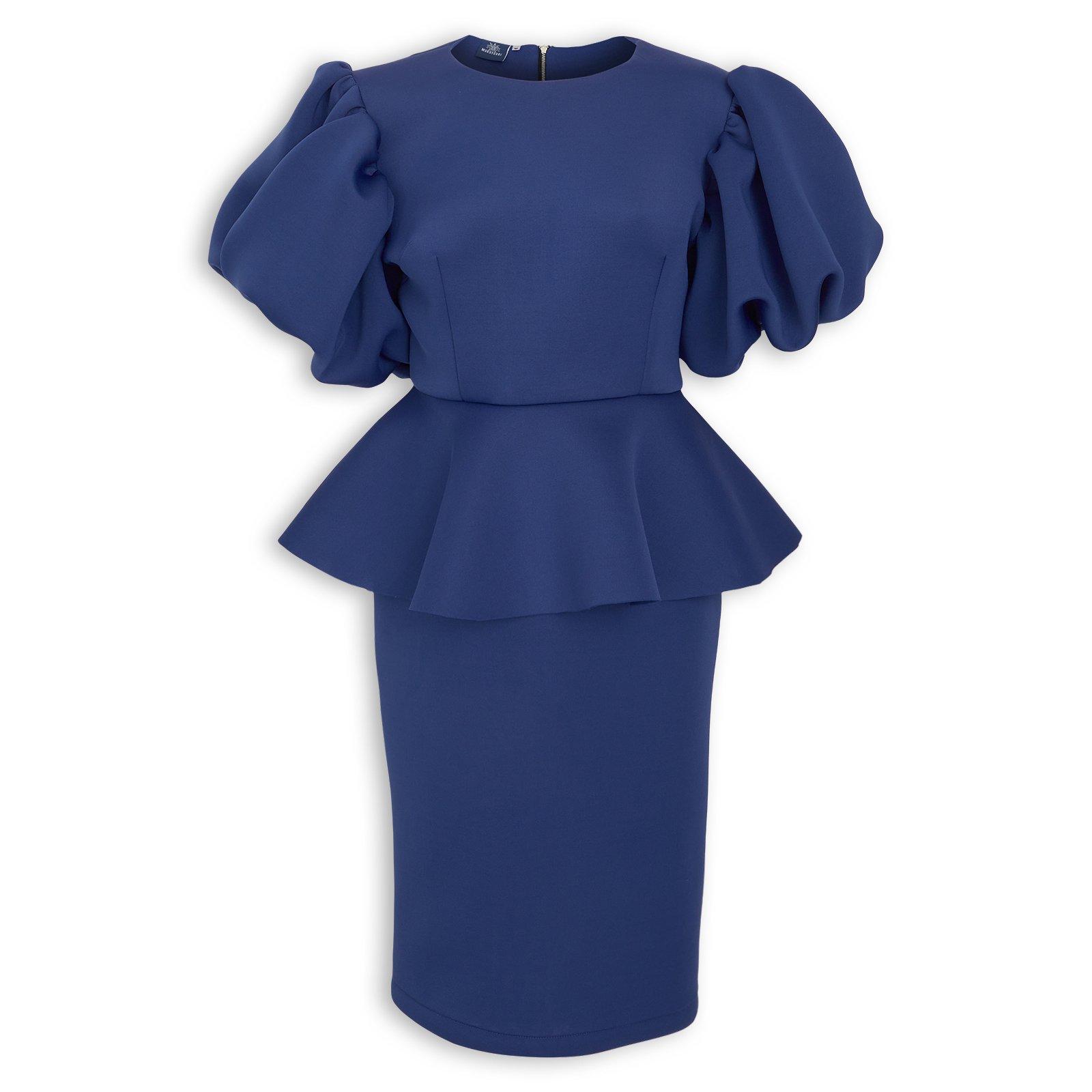 blue peplum dress with sleeves Womens Peplum Pencil Dress  Modest Structured Work Dress with Elbow Sleeves Navy / M