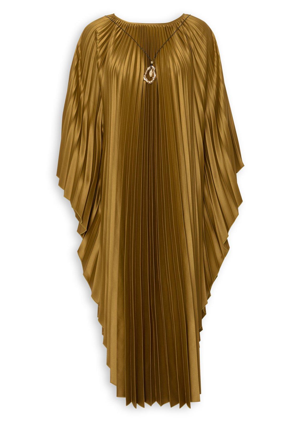Mustard Pleated Cape Midi Dress