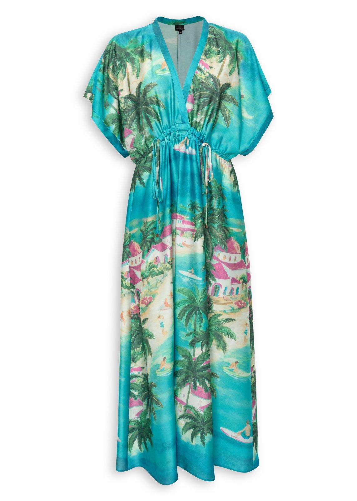 Teal Tropical Print Maxi Dress