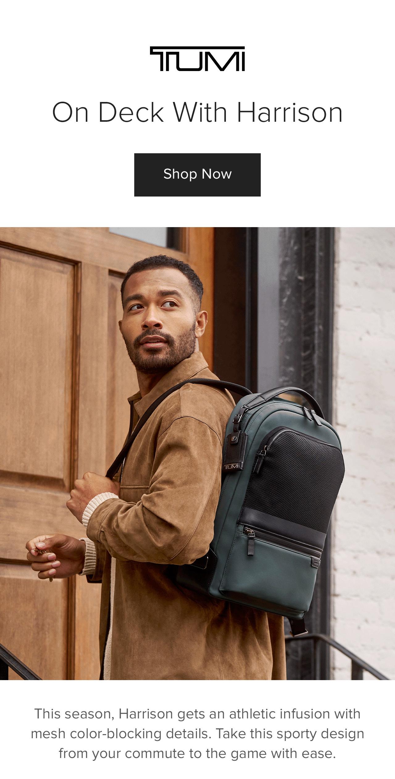 On Deck With Harrison: This season, Harrison Gets an athletic infusion with mesh color-blocking details. Take this sporty design from your commute to the game with ease.