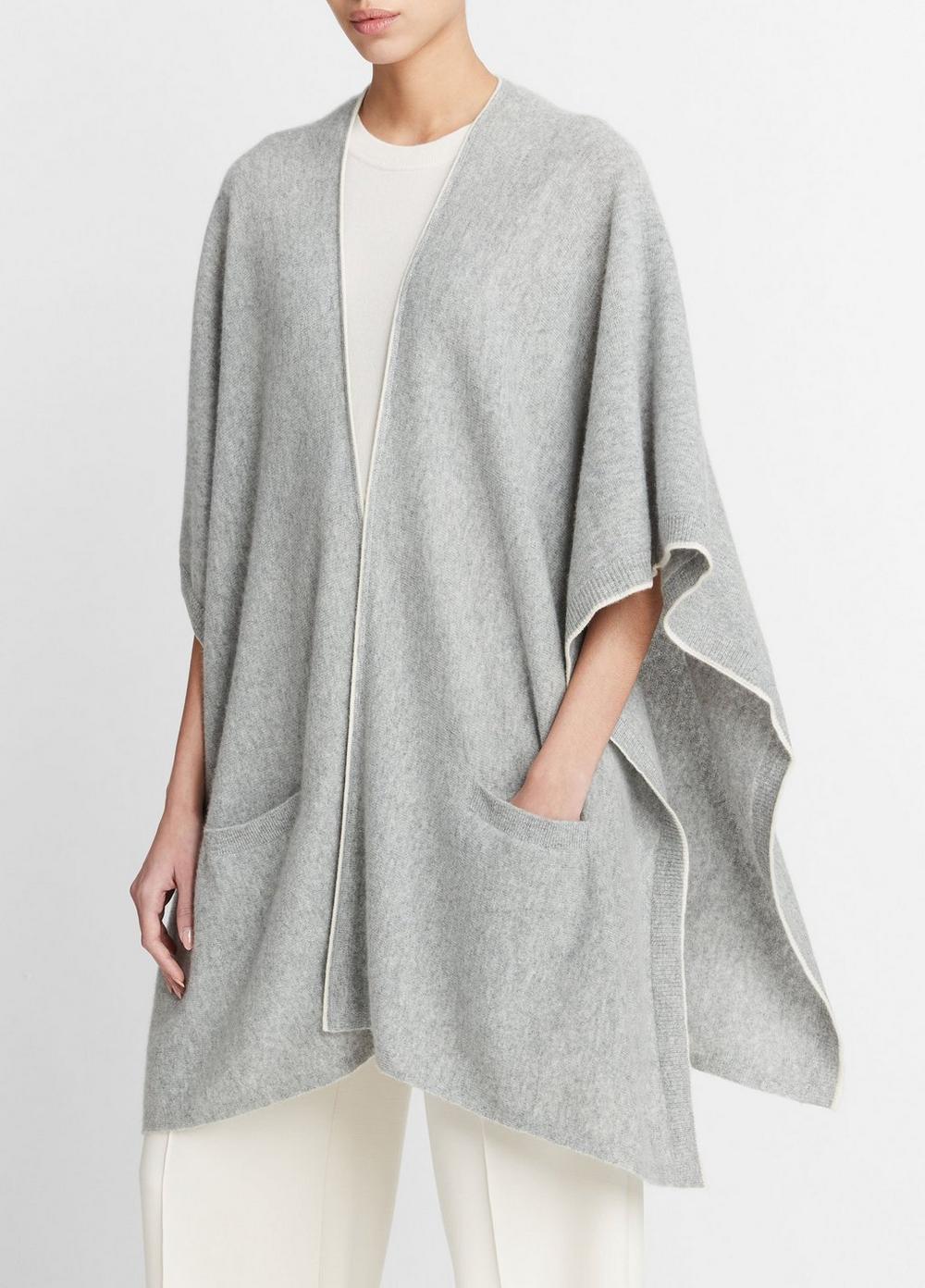 Tipped Jersey-Knit Cashmere Cape, Medium Grey/off White Vince