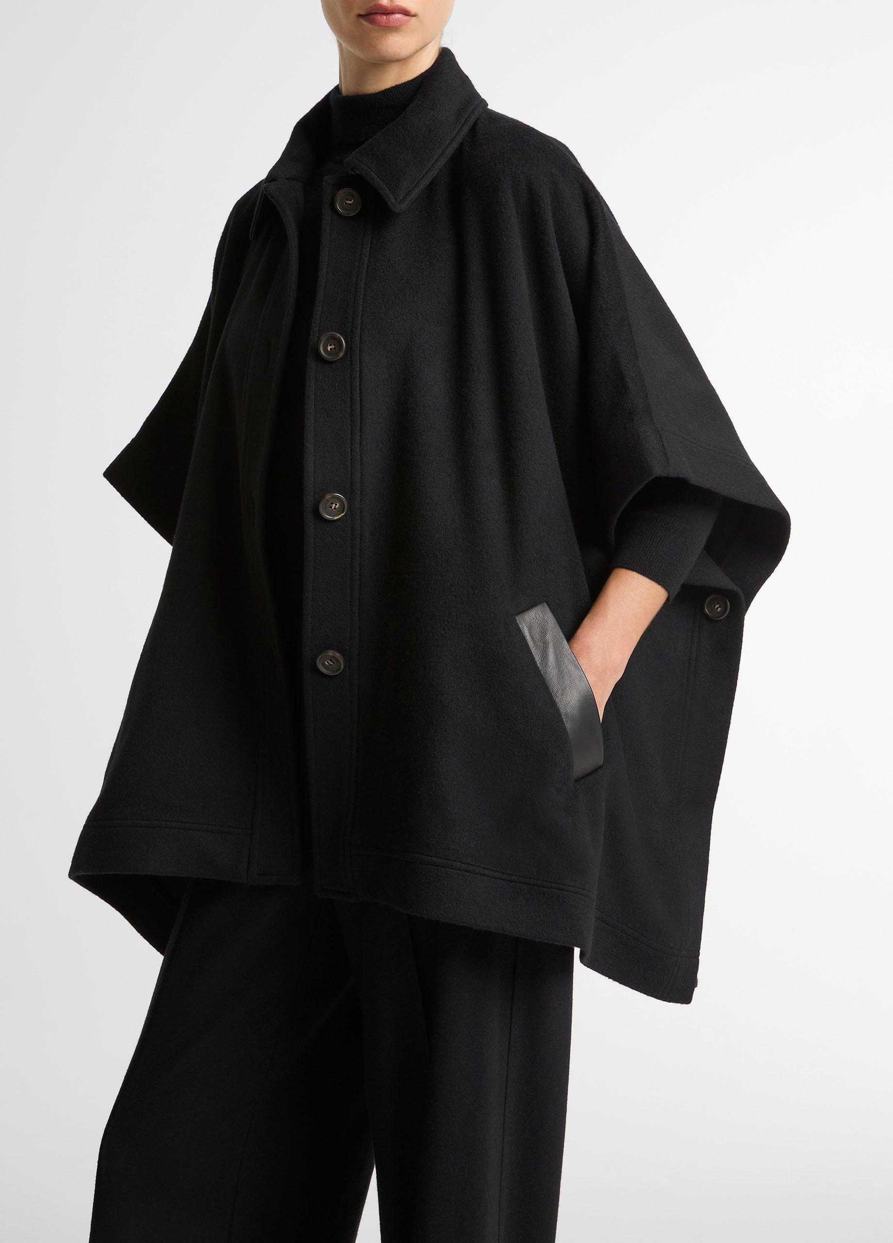 Leather-Trim Wool Cape