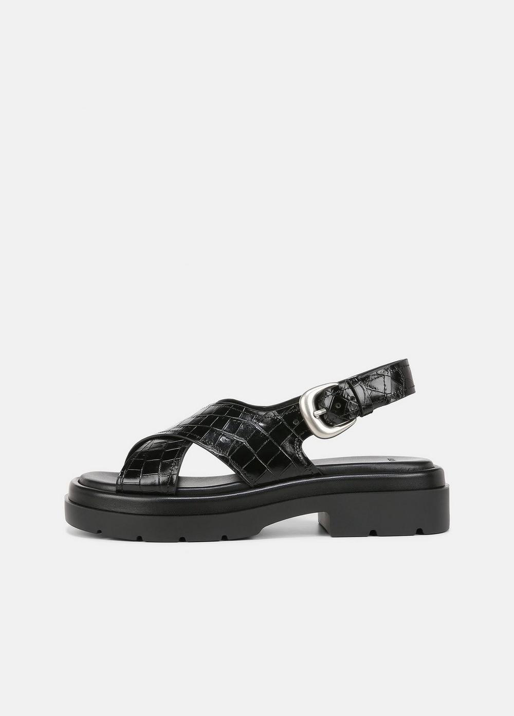 Helena Croc-Embossed Leather Lug-Sole Sandal, Black, Size 9.5 Vince