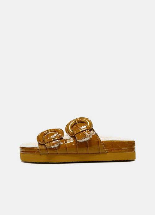 Glyn Shearling-Lined Croc-Embossed Sandal