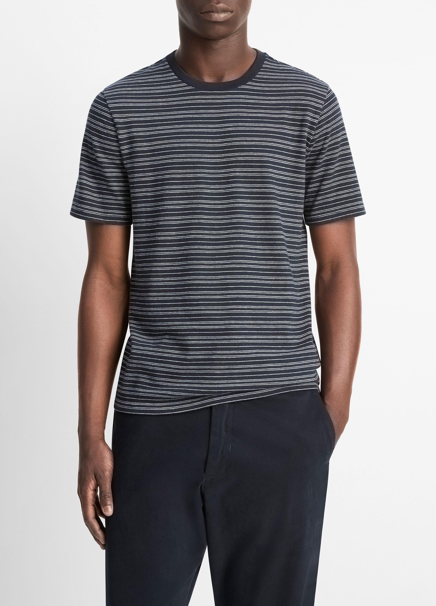 Men's Striped Loose-Knit Cotton T-Shirt, Coastal Blue/off White, Size L Vince