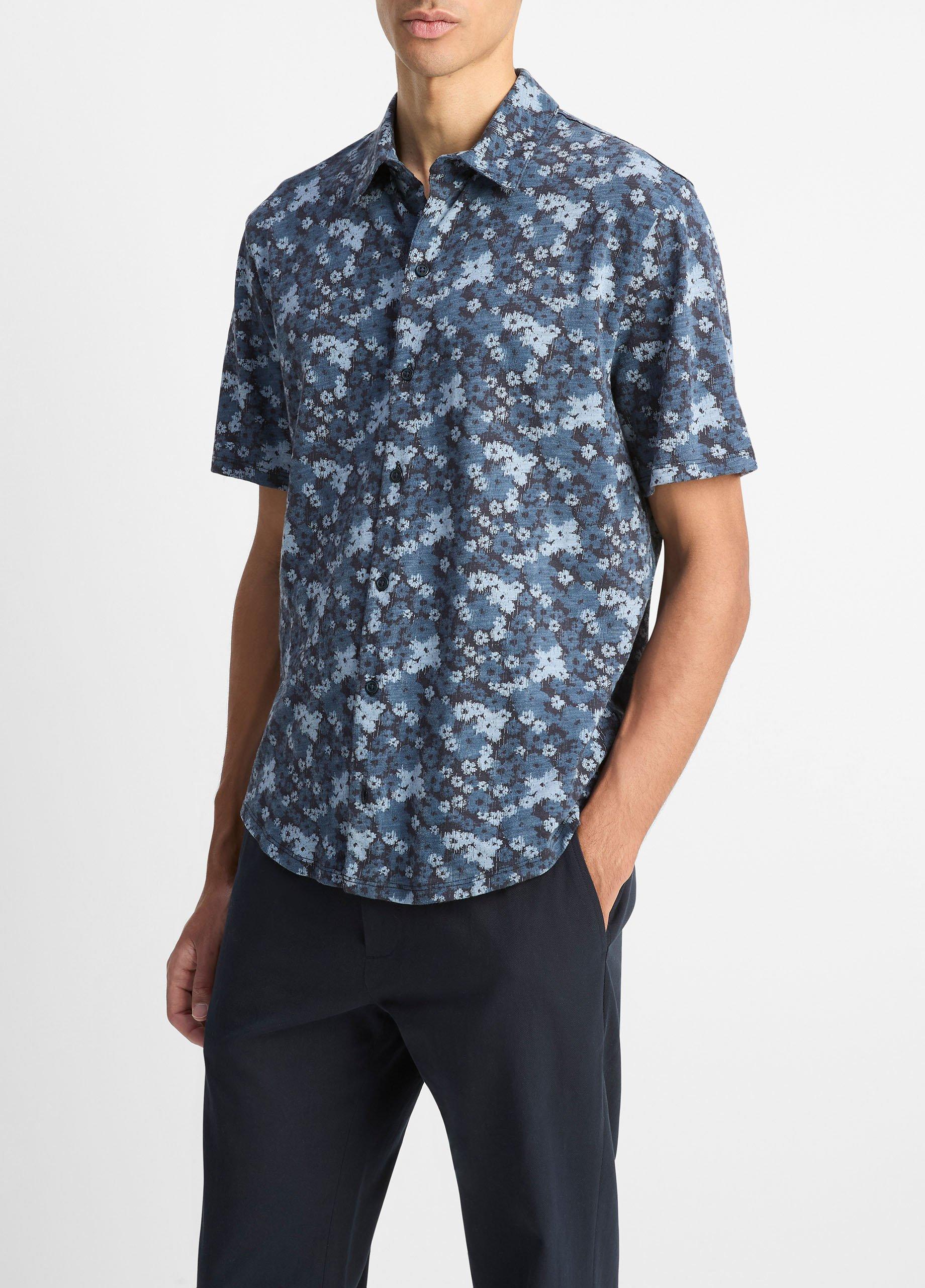 Floral Slub Cotton Short-Sleeve Button-Front Shirt image number 1