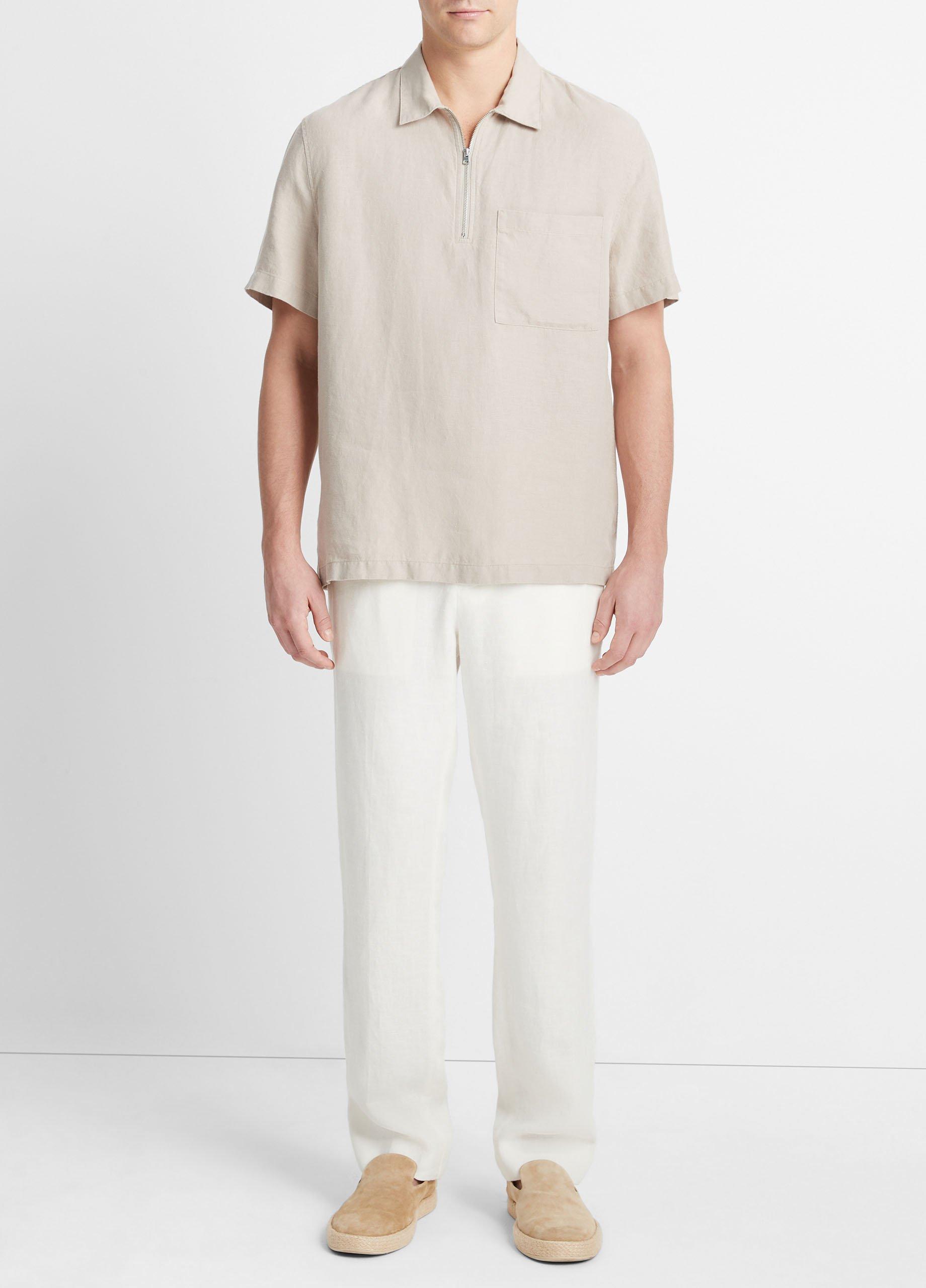 빈스 Vince Hemp Quarter-Zip Short-Sleeve Shirt,PUMICE ROCK