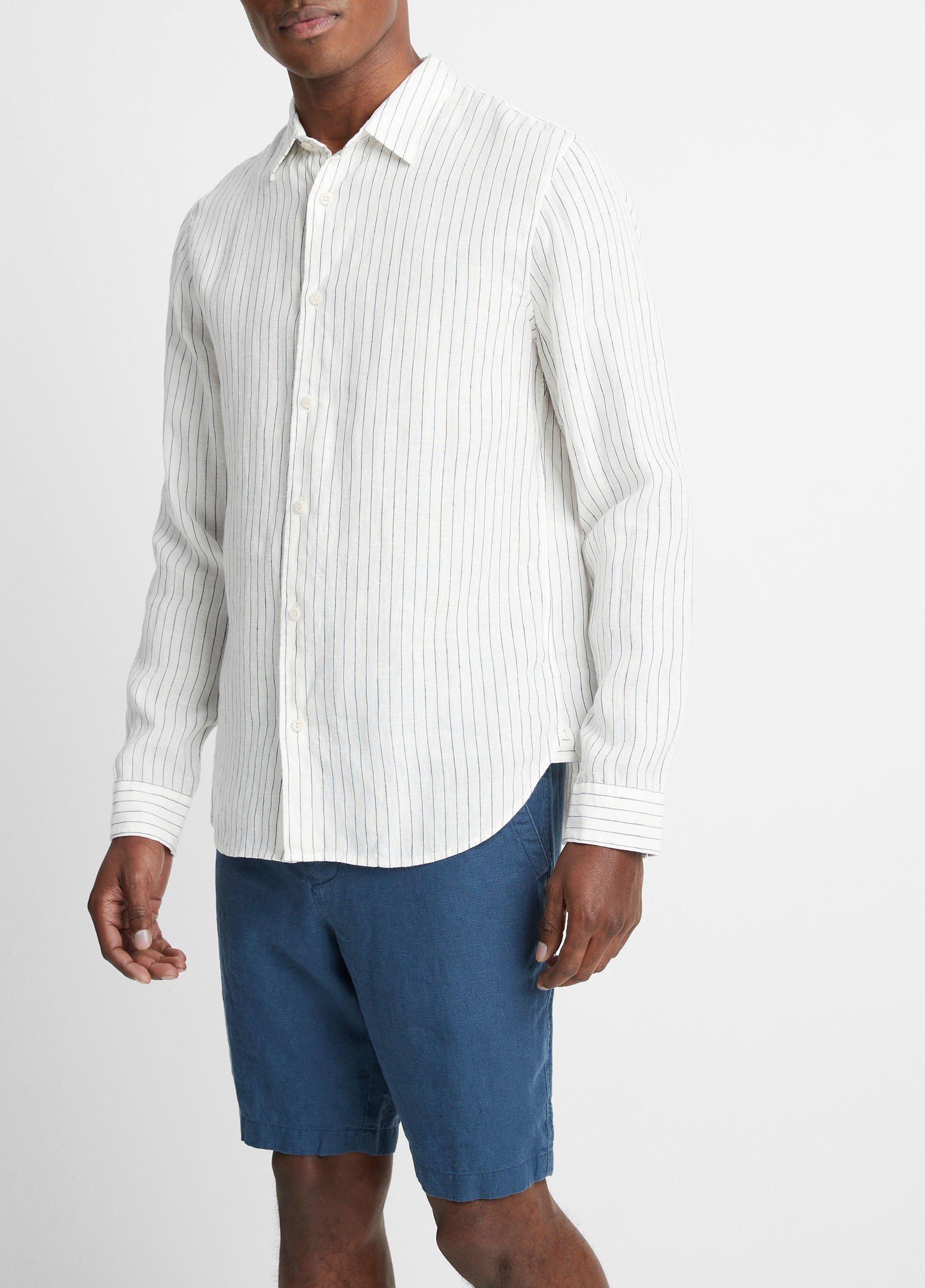 Bayside Stripe Linen Long-Sleeve Shirt in Shirts | Vince