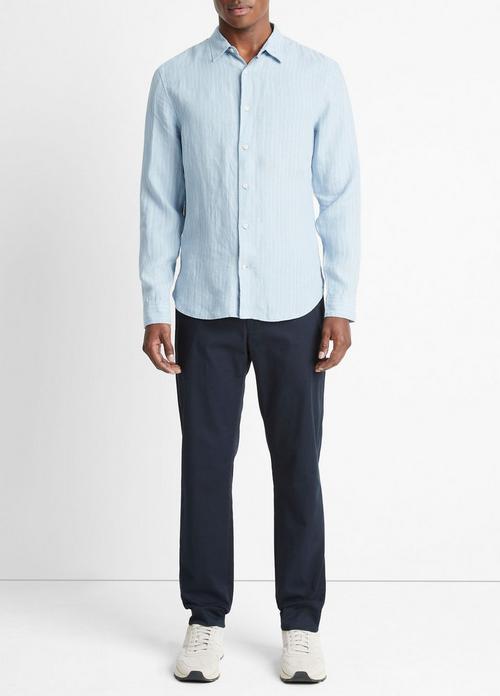 빈스 Vince Bayside Stripe Linen Long-Sleeve Shirt,LAKE BLUE/OPTIC WHITE