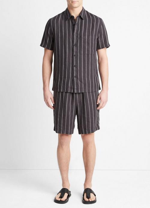 빈스 Vince Moonbay Stripe Hemp Short-Sleeve Shirt,SOFT BLACK/LIGHT SOFT BLACK