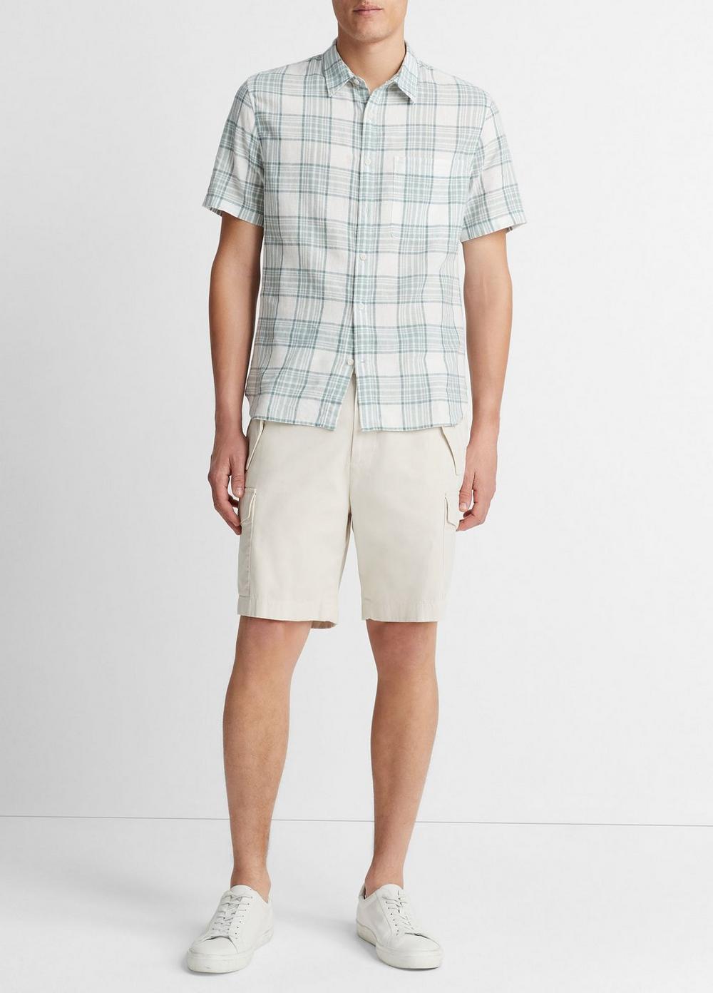 Kino Plaid Linen-cotton Short-Sleeve Shirt, Mirage Teal/optic White, Size S Vince