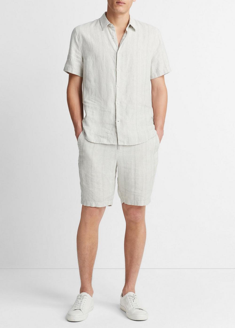 Shadow Stripe Hemp Short-Sleeve Shirt, Alabaster/limestone, Size XL Vince
