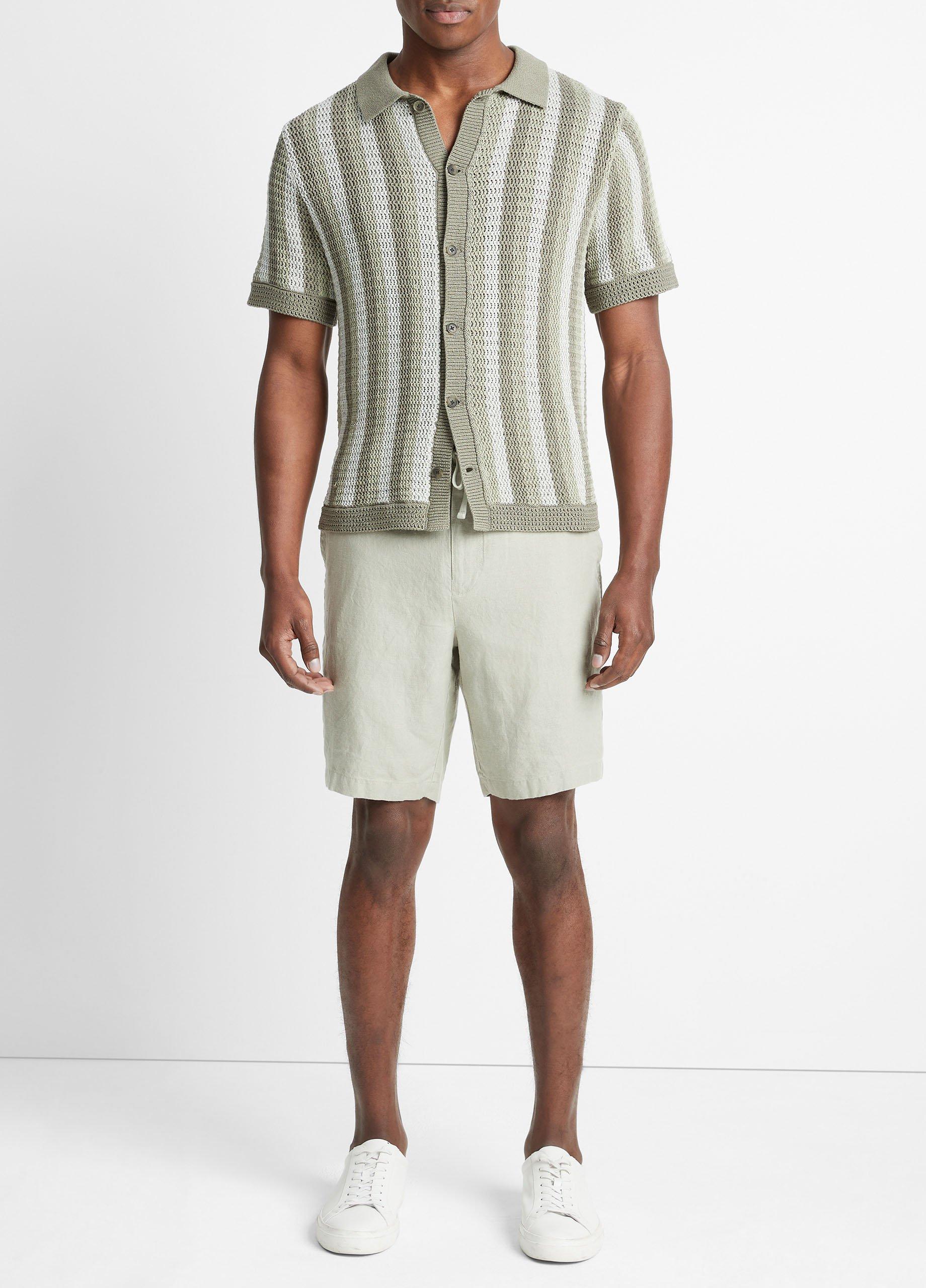 빈스 Vince Crochet Stripe Short-Sleeve Button-Front Shirt,DRIED CACTUS COMBO