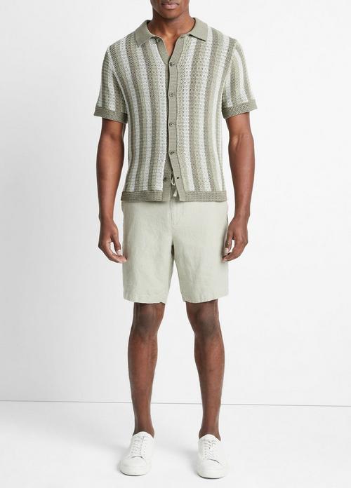 빈스 Vince Crochet Stripe Short-Sleeve Button-Front Shirt,DRIED CACTUS COMBO