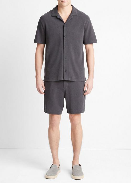 빈스 Vince Boucle Short-Sleeve Button-Front Shirt,SOFT BLACK