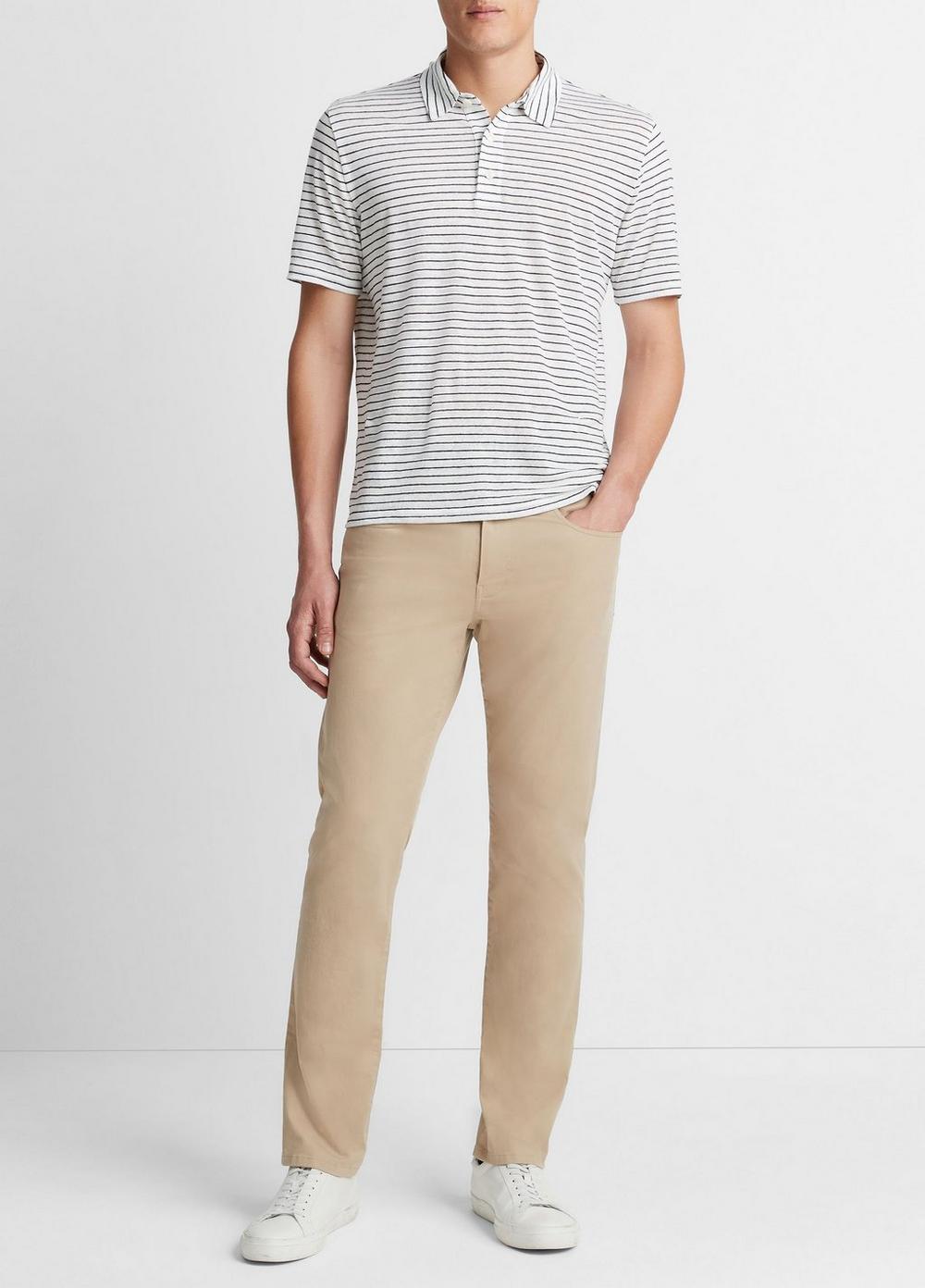 Striped Linen Short-Sleeve Polo Shirt, Optic White/coastal Blue, Size M Vince