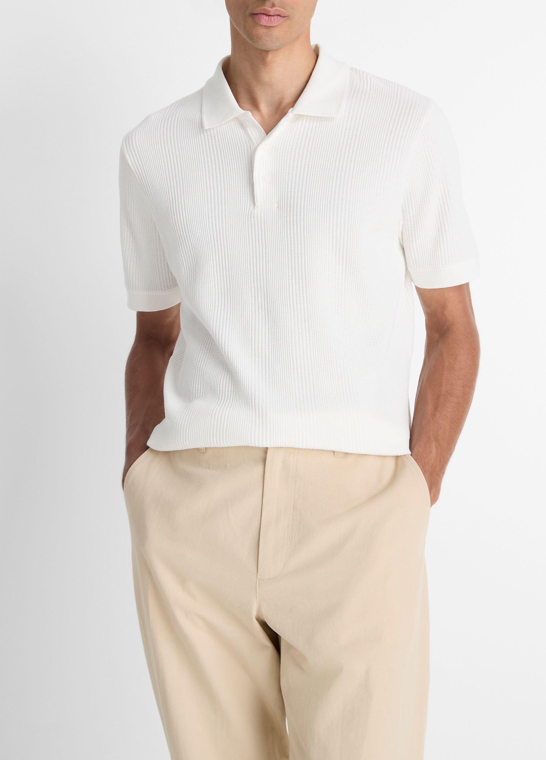 Men's Variegated Pima Cotton Polo Shirt, Off White, Size L Vince