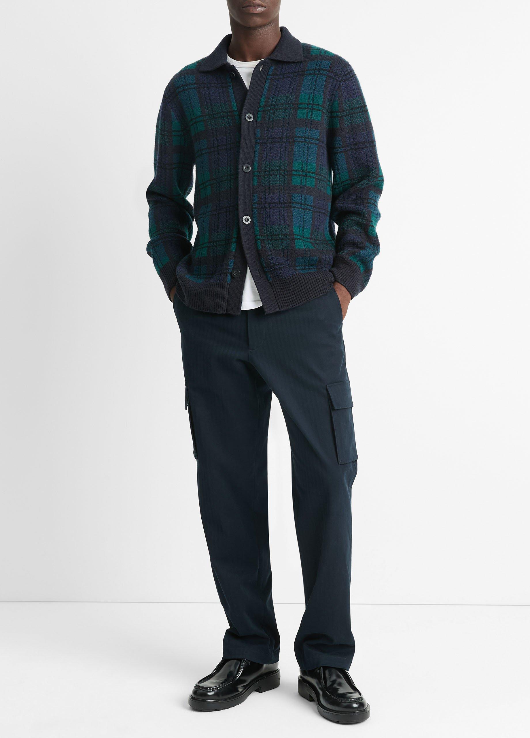 Plaid Wool and Cashmere Collared Cardigan in Sweaters | Vince