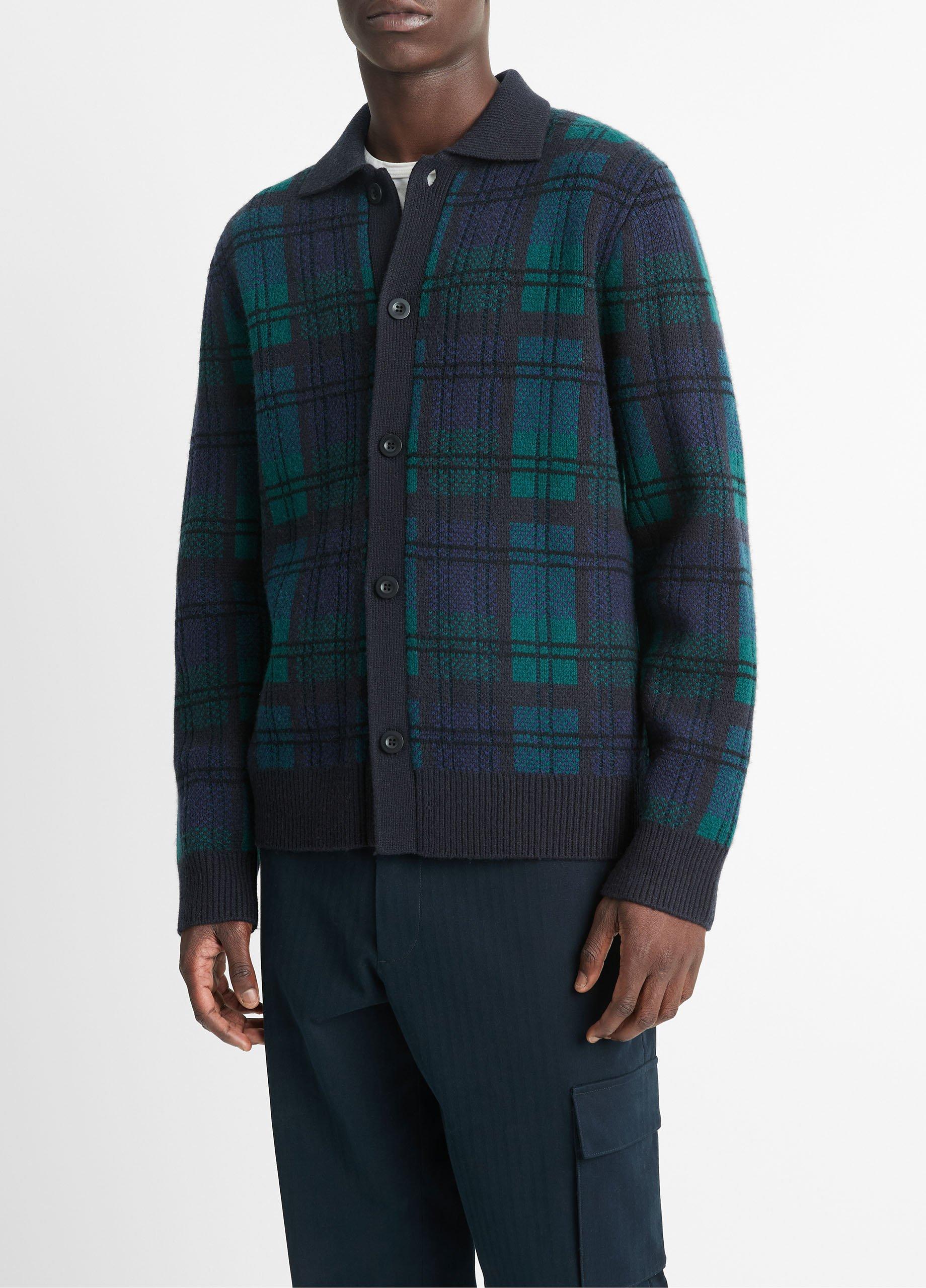 Plaid Wool and Cashmere Collared Cardigan in Sweaters Vince