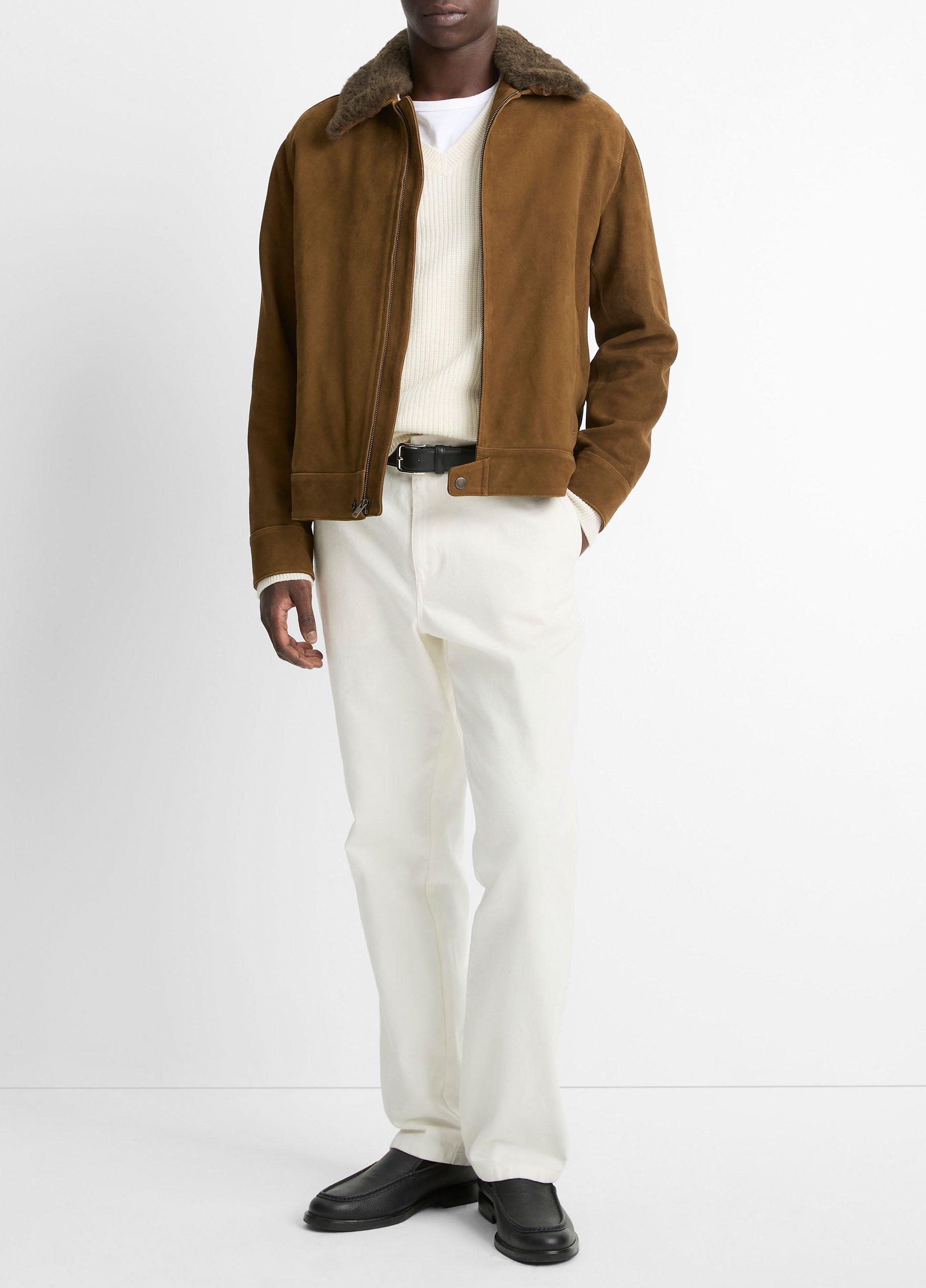 Men's Shearling-Collar Suede Short Jacket, Dark Timberwood, Size XL Vince