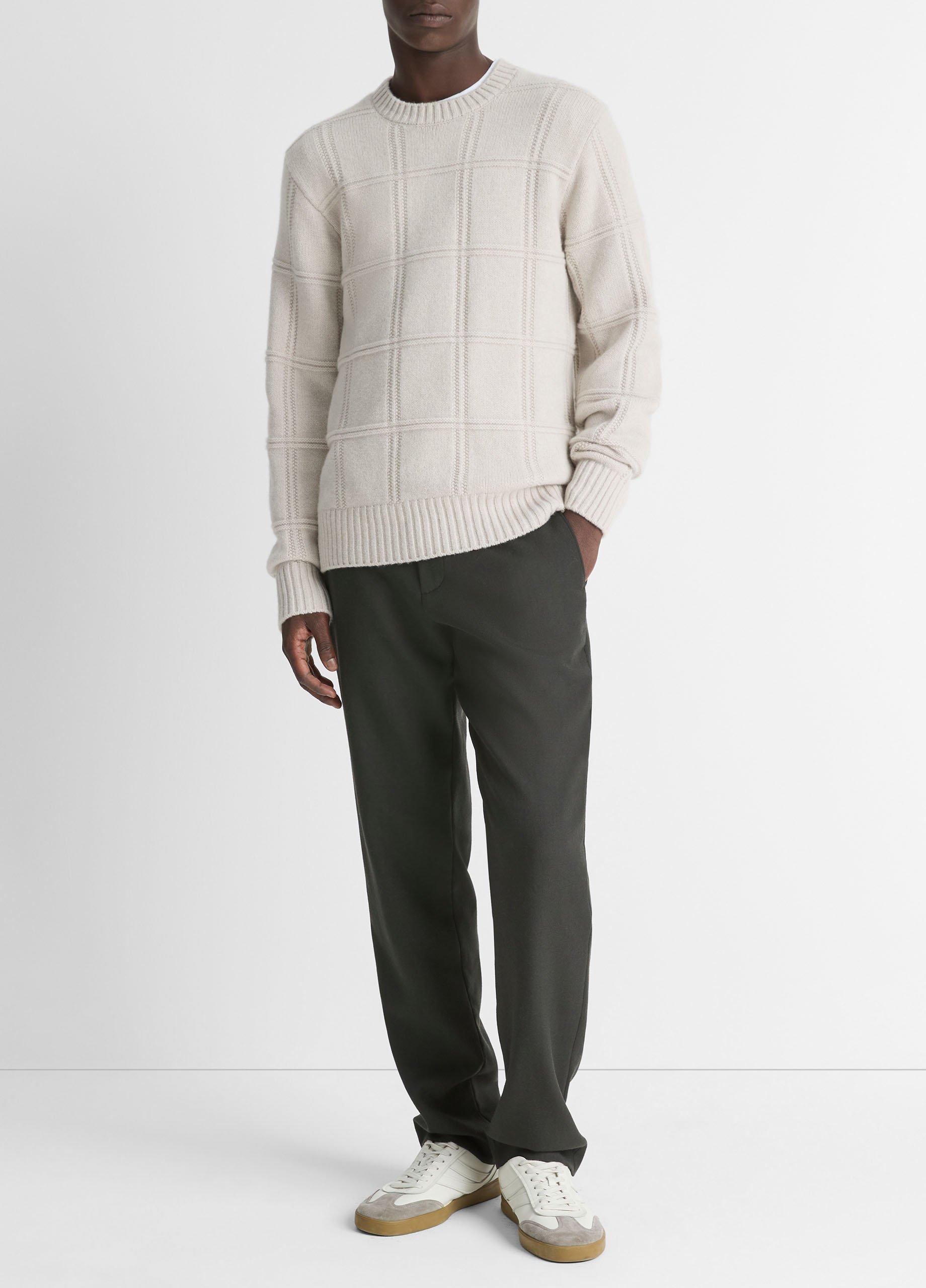 Men's Seed-stitch Windowpane Wool Sweater, Heather Sheep, Size XL Vince