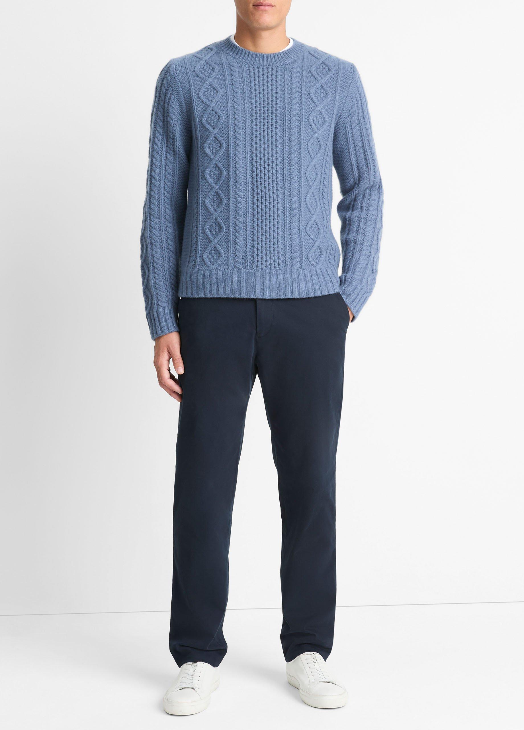 Men
s Aran Cable Wool Crew Neck Sweater, Light Belluga Blue, Size M Vince