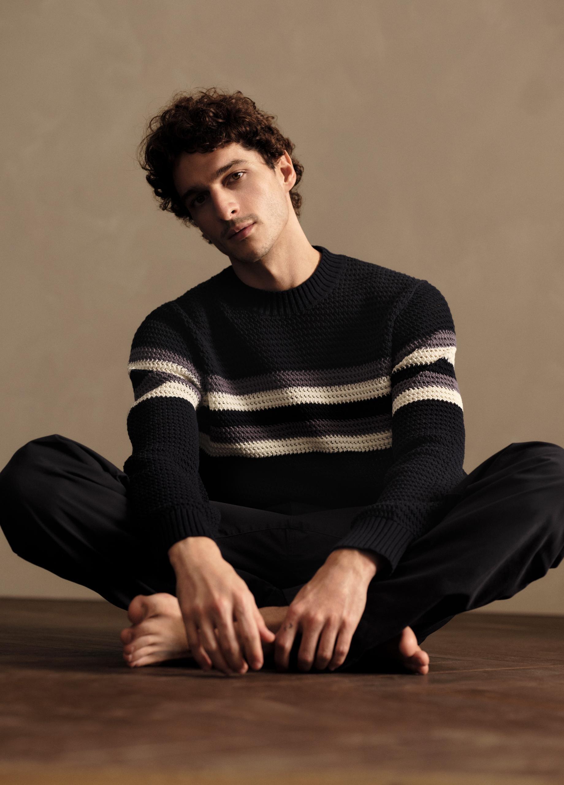 トップス Striped Waffle Henry Neck Pullover Drew Women's Funnel Neck Sweater in Black & White Stripe