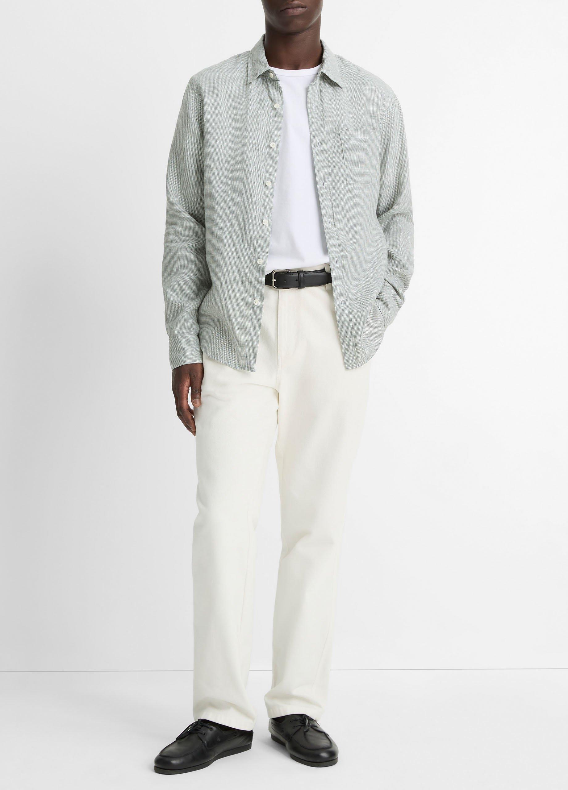 Houndstooth Linen Button-Front Shirt in Shirts | Vince