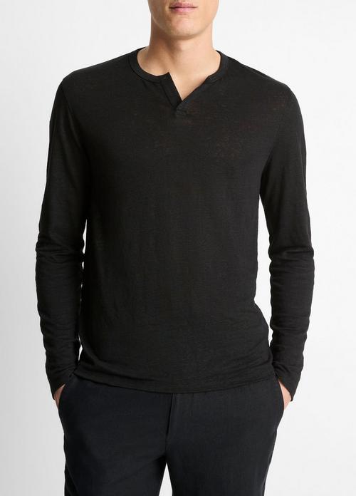 Linen Long-Sleeve Split-Neck T-Shirt