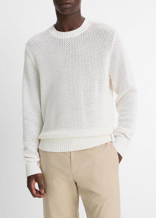 Mesh-Stitch Cotton-Cashmere Crew Neck Sweater