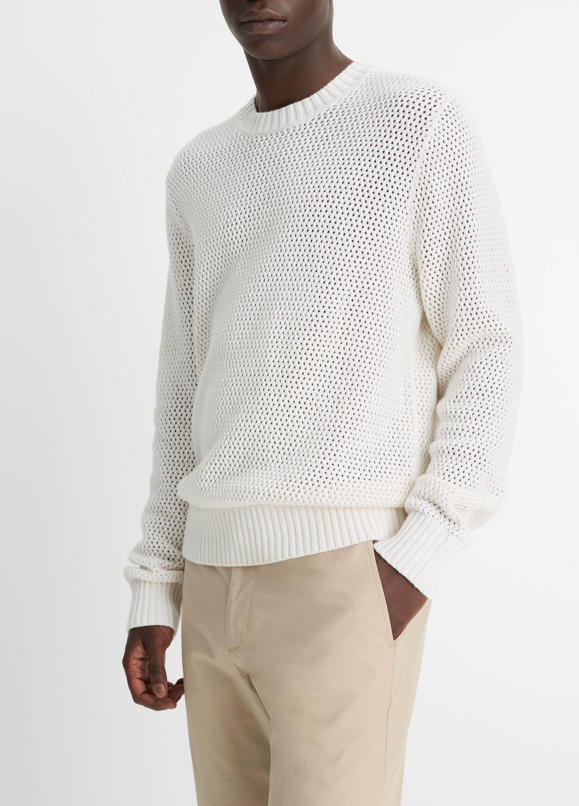 Mesh-Stitch Cotton-Cashmere Crew Neck Sweater in Sweaters