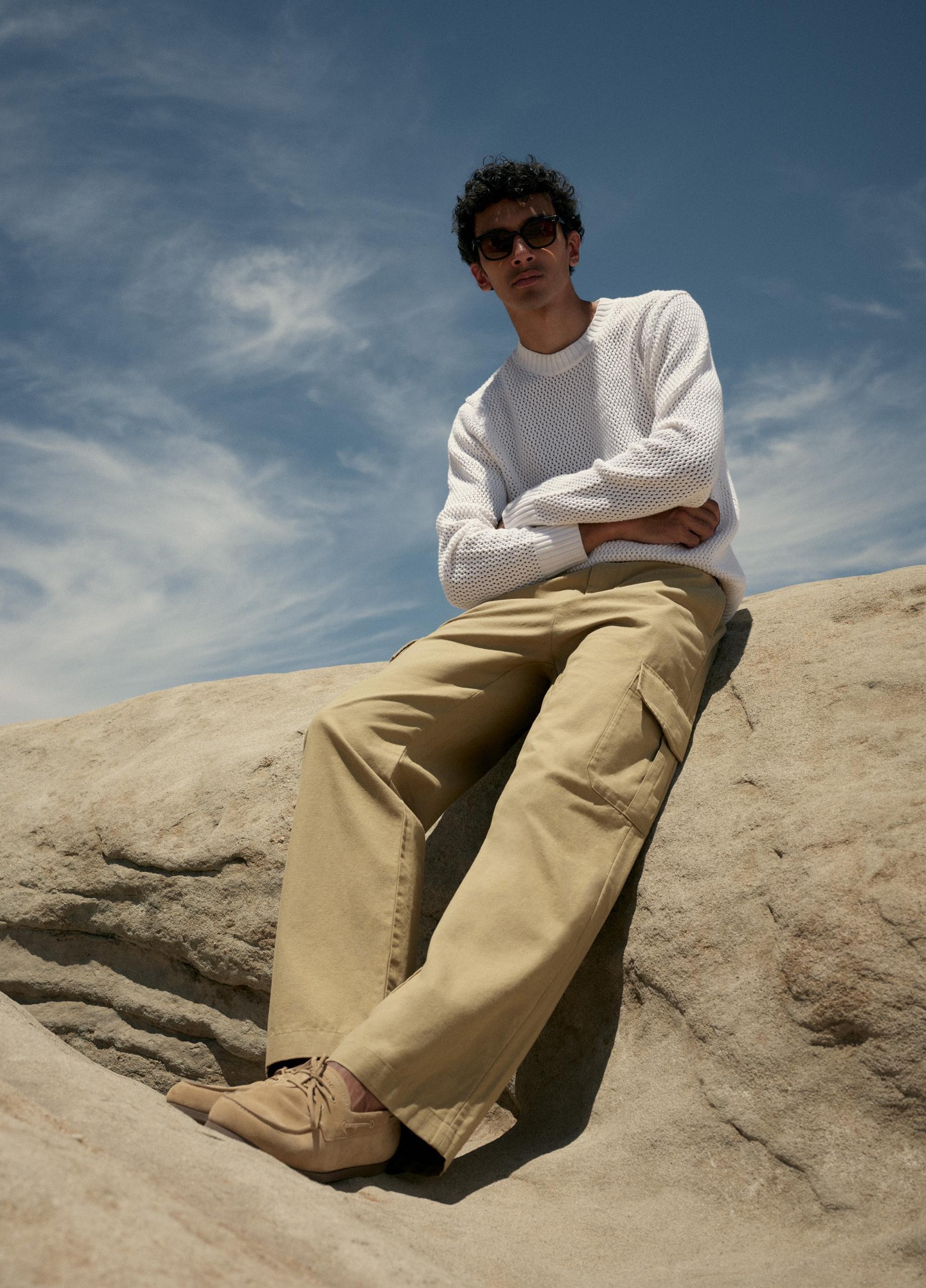 Mesh-Stitch Cotton-Cashmere Crew Neck Sweater image number 5