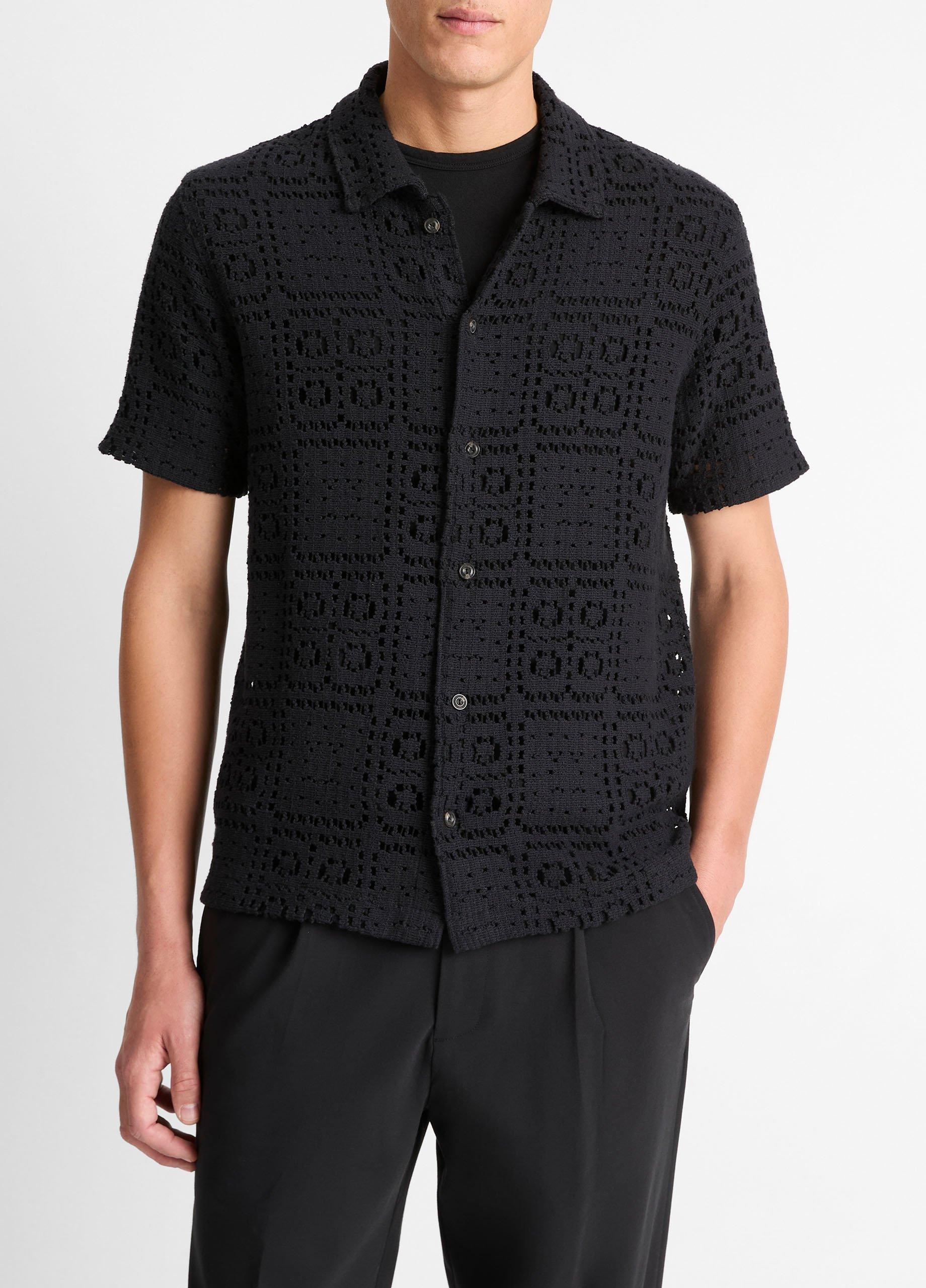 Men's Crochet Italian Cotton-Blend Button-Front Shirt, Black, Size S Vince