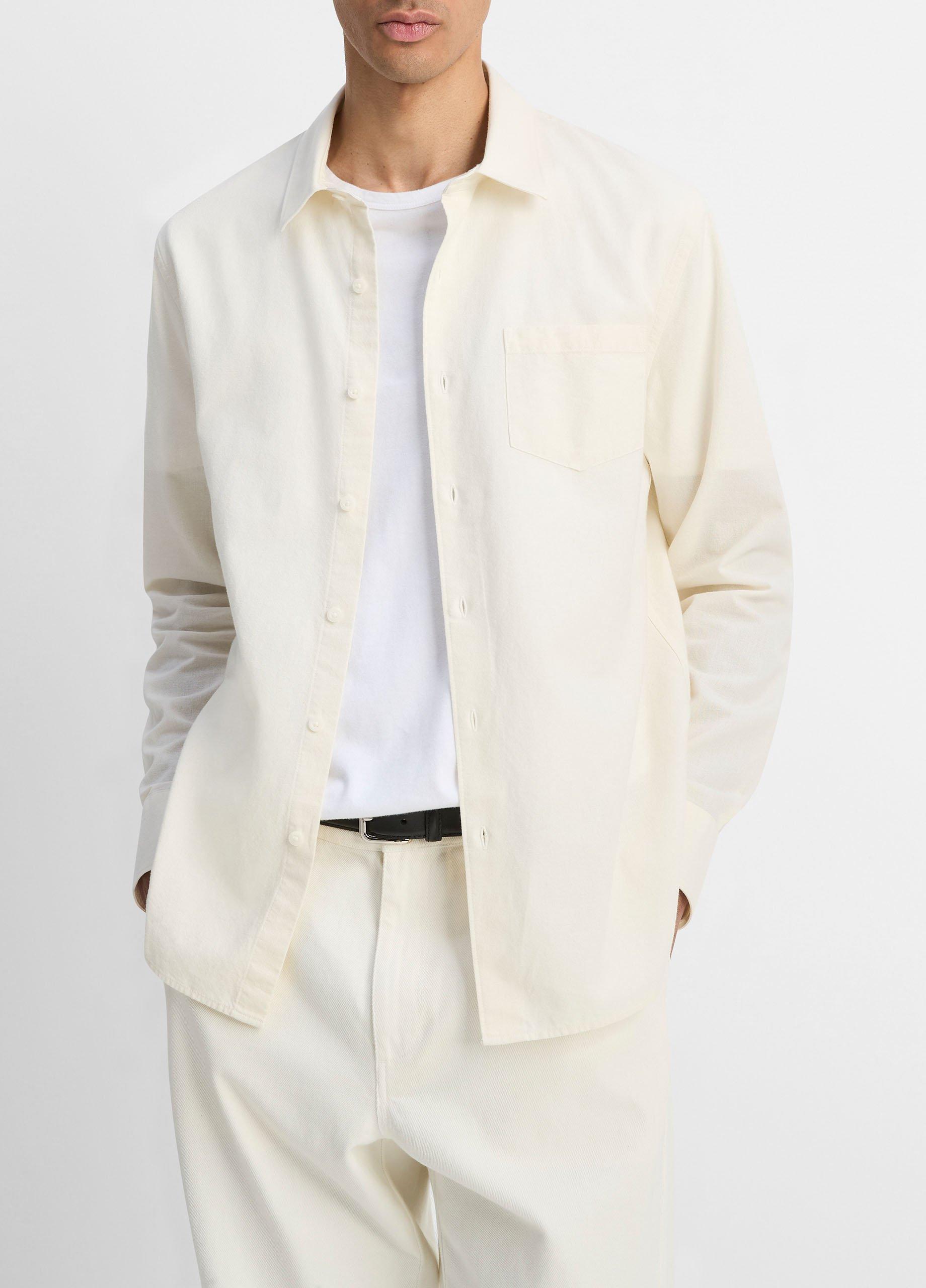 Men's Cotton Chambray Button-Front Shirt, Off White, Size L Vince