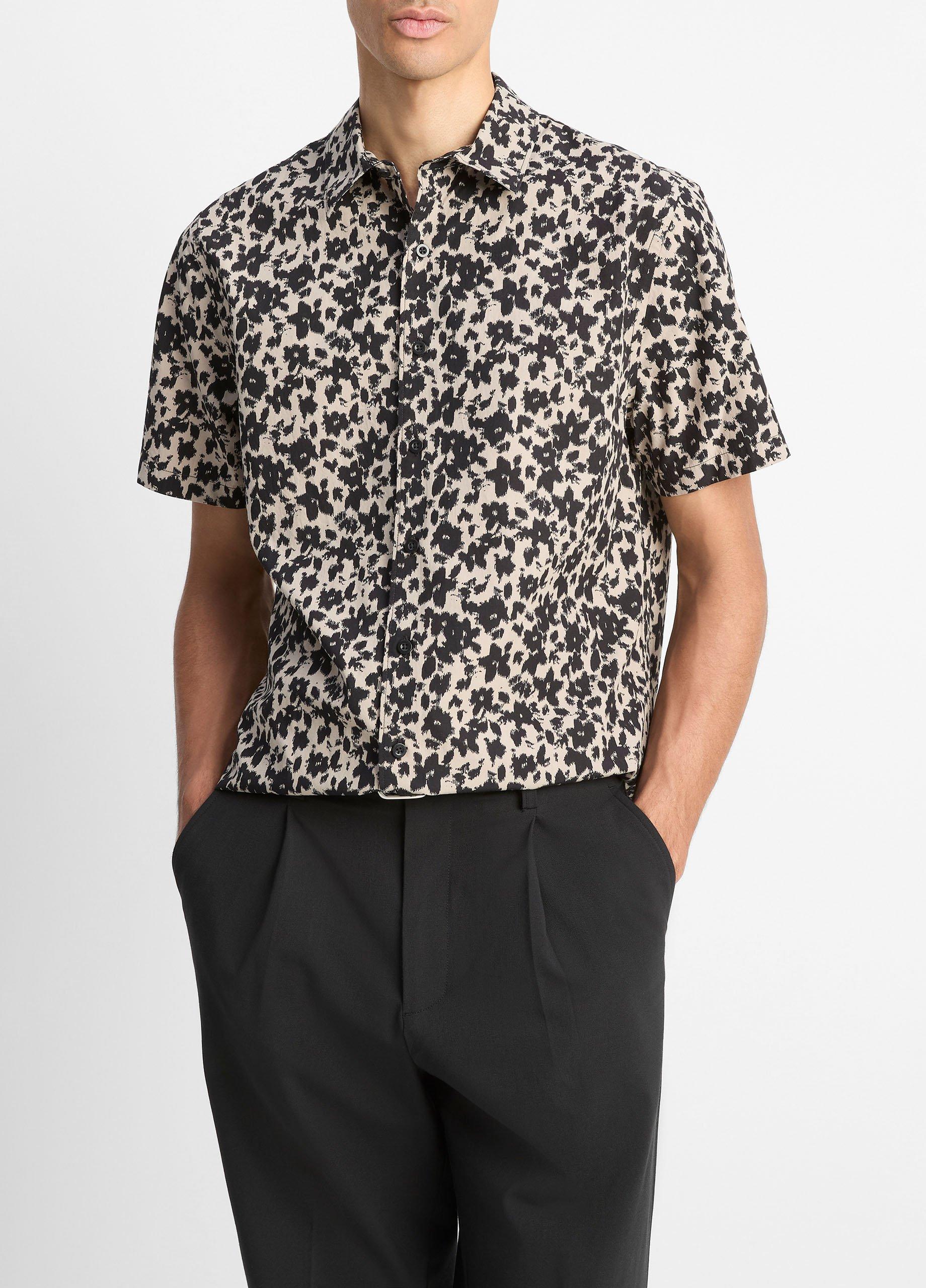 Men's Star Lily Short-Sleeve Button-Front Shirt, Putty/black, Size L Vince