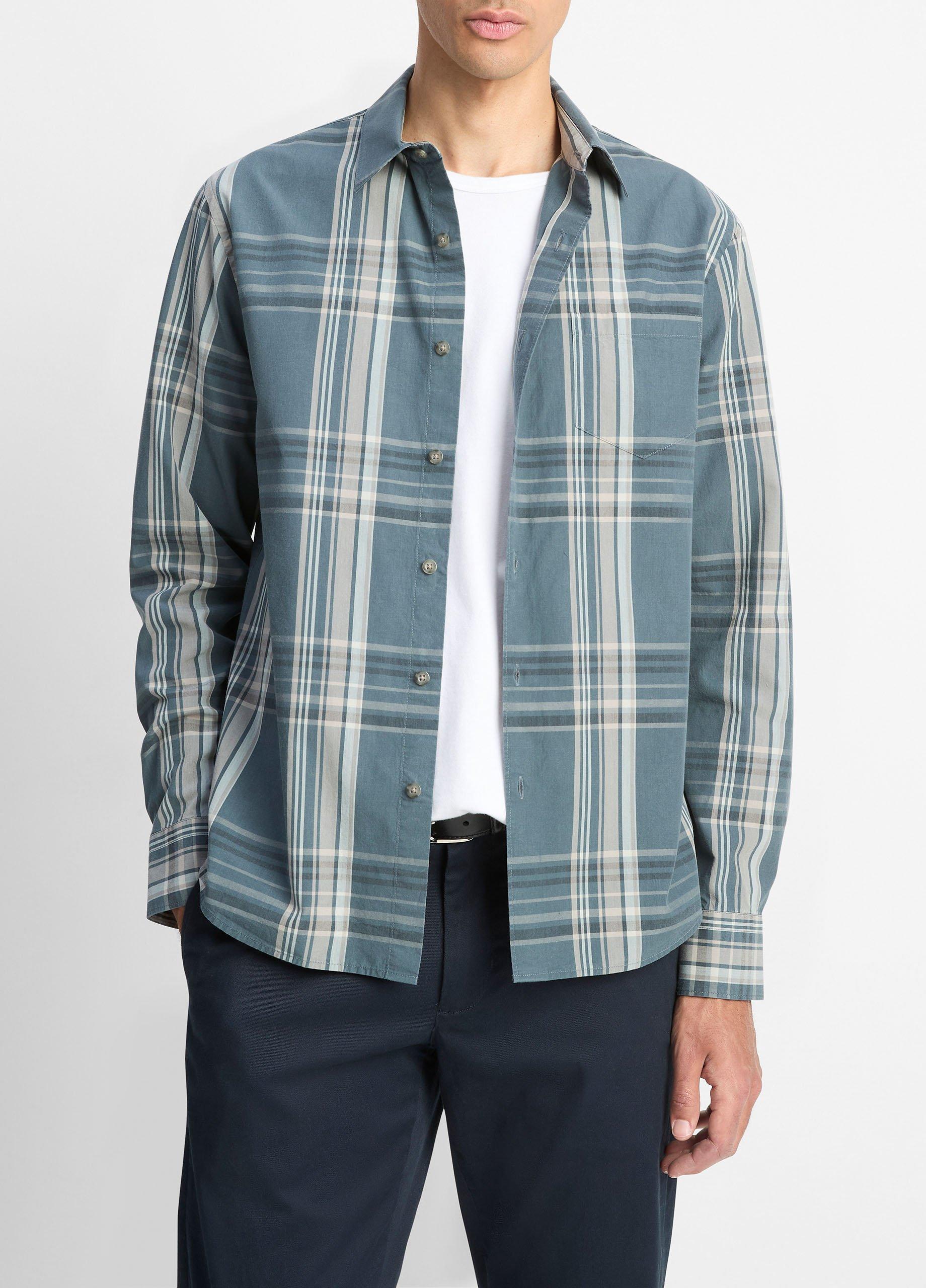 Men's Lorimer Plaid Button-Front Shirt, Harbor Blue Combo, Size L Vince