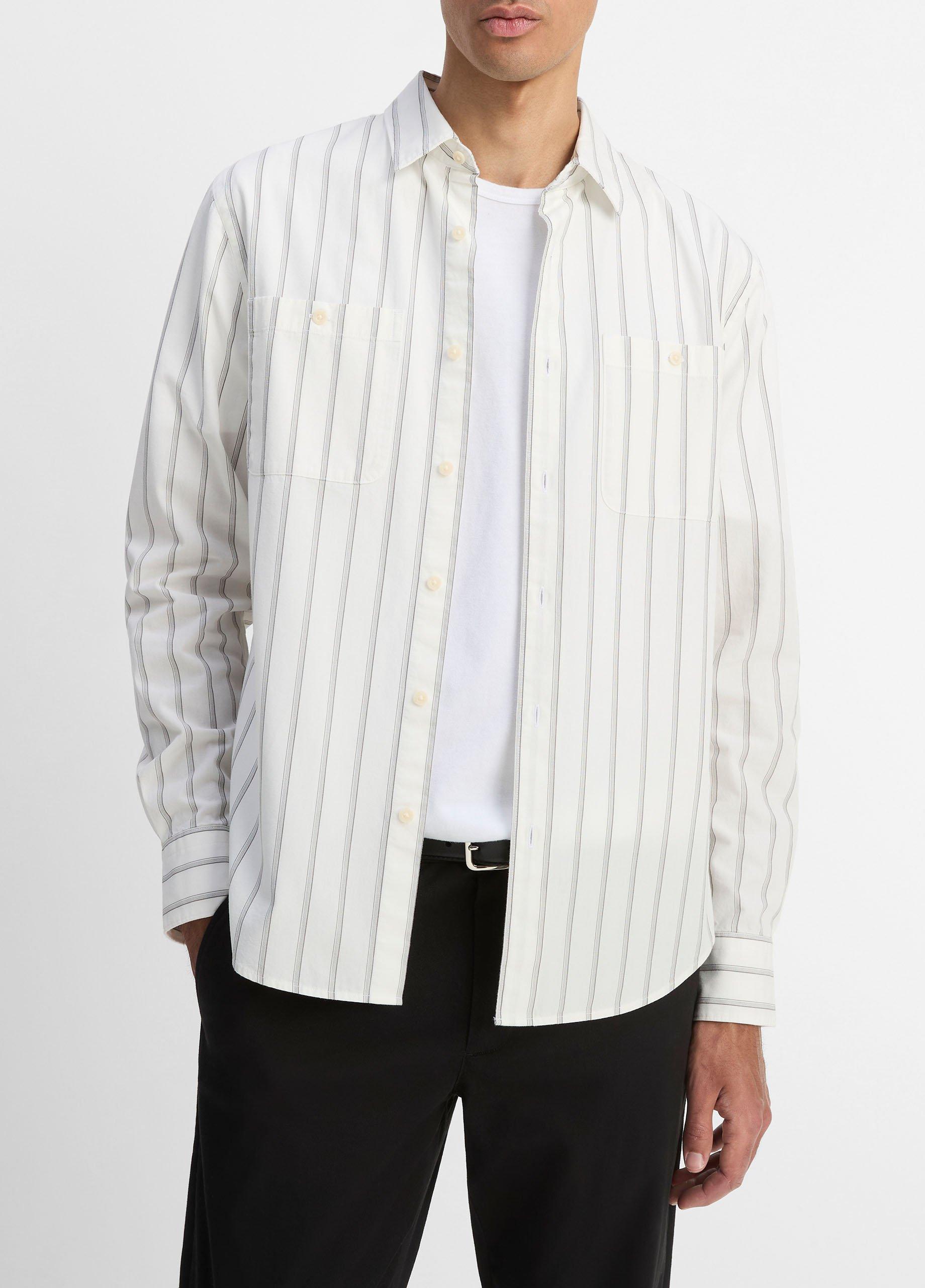 Men's Port Stripe Cotton Button-Front Shirt, Off White/smoke, Size L Vince